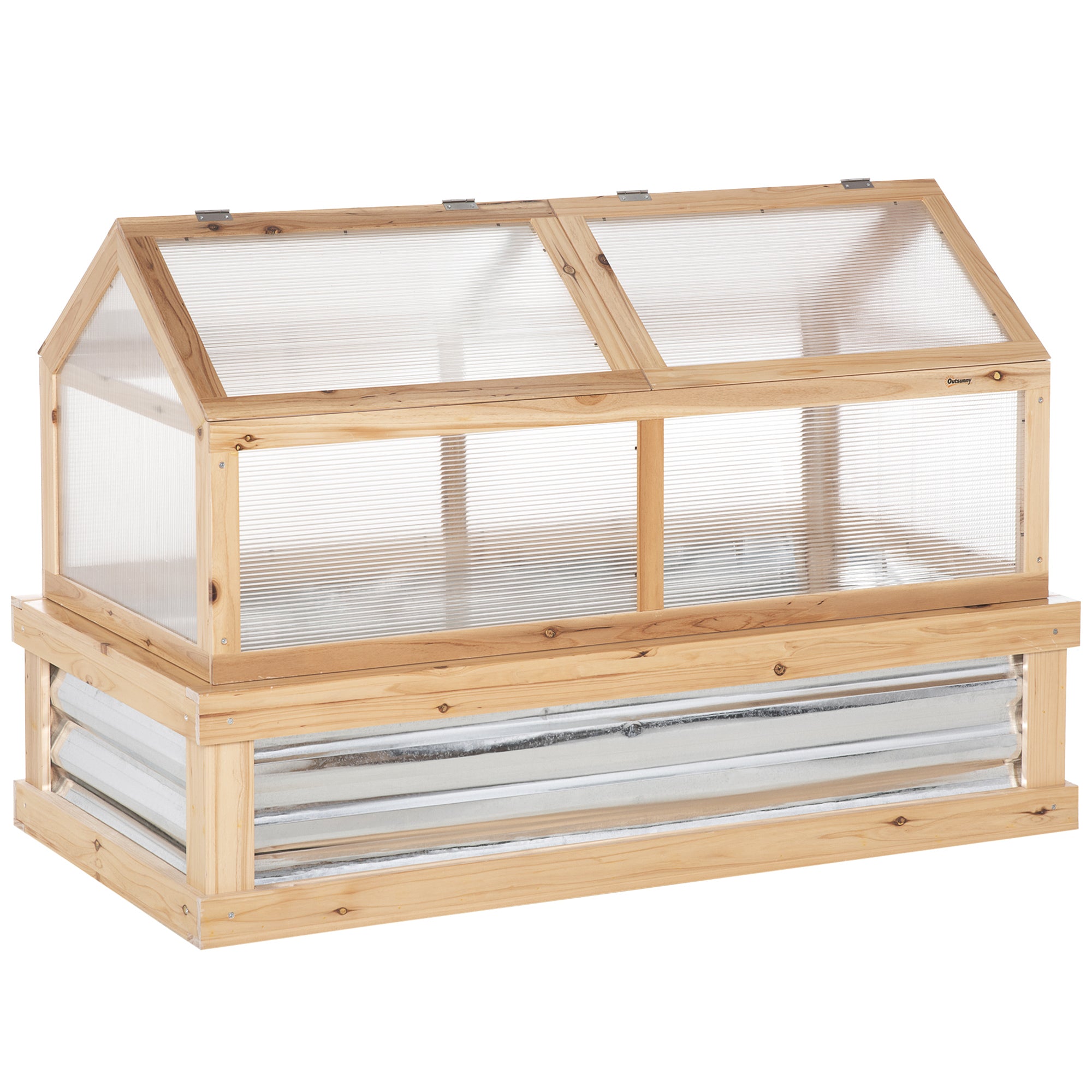 Outsunny Wooden Cold Frame, Raised Garden Bed with Polycarbonate Greenhouse, Flower Planter Protection, 48