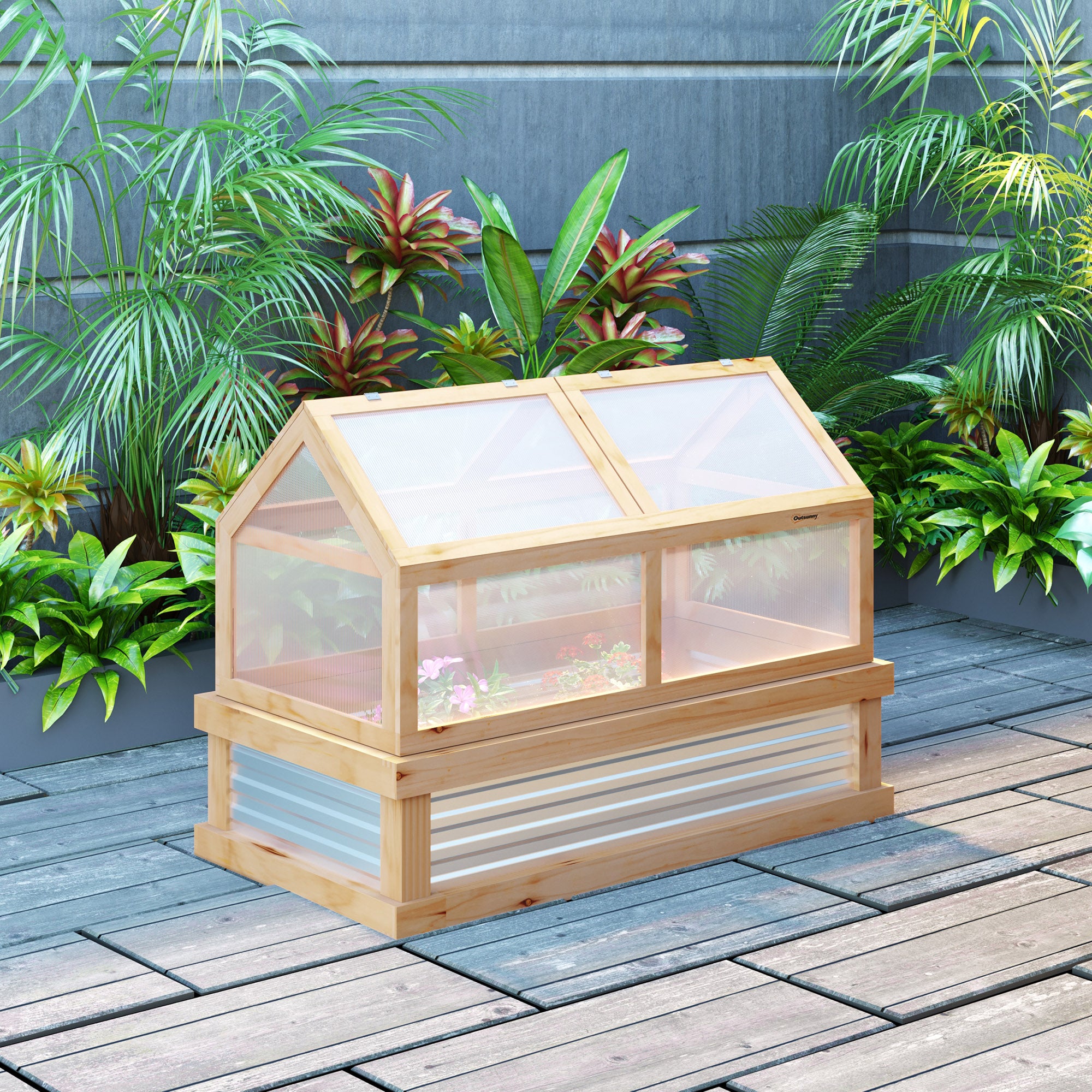Outsunny Wooden Cold Frame, Raised Garden Bed with Polycarbonate Greenhouse, Flower Planter Protection, 48" x 24" x 32", Natural
