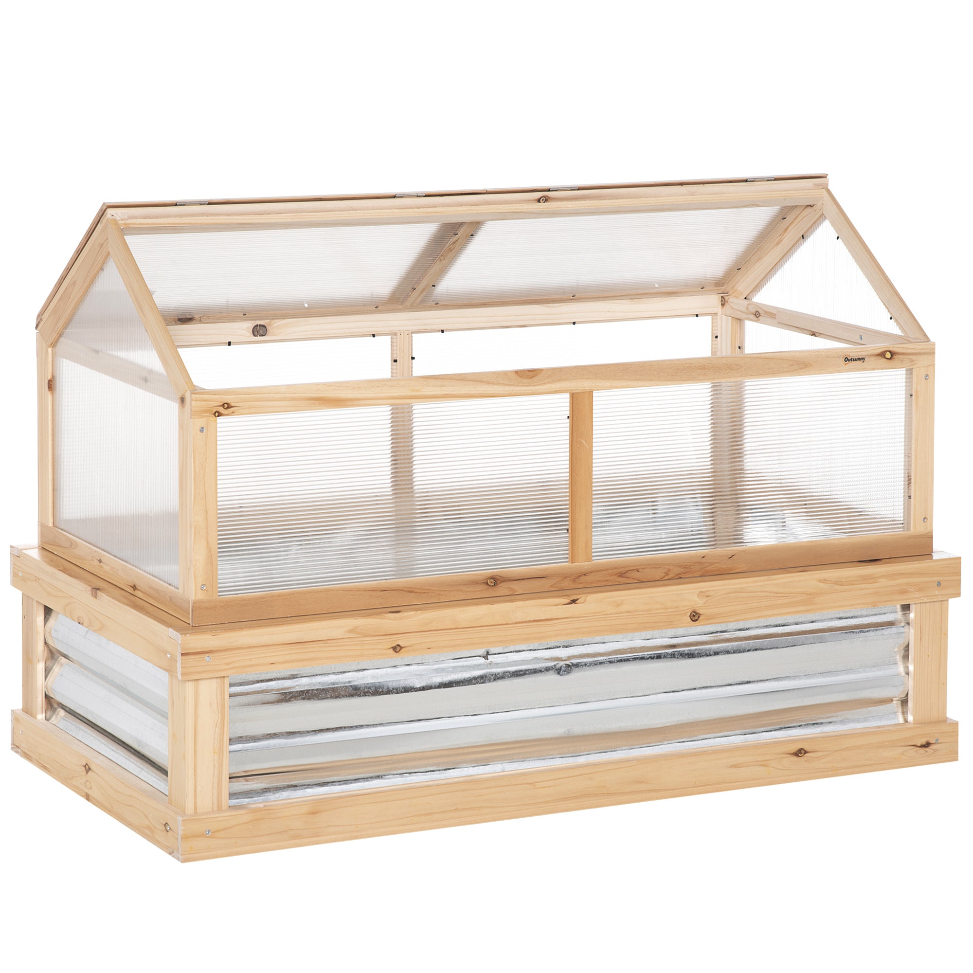 Outsunny Wooden Cold Frame, Raised Garden Bed with Polycarbonate Greenhouse, Flower Planter Protection, 48