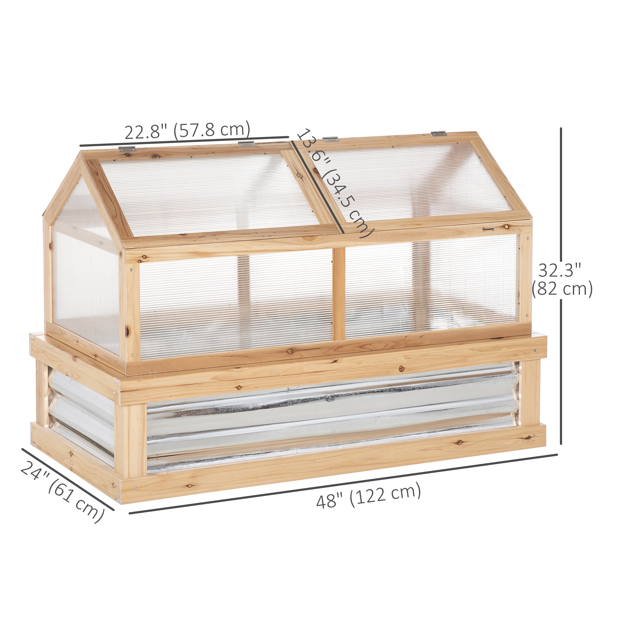 Outsunny Wooden Cold Frame, Raised Garden Bed with Polycarbonate Greenhouse, Flower Planter Protection, 48" x 24" x 32", Natural