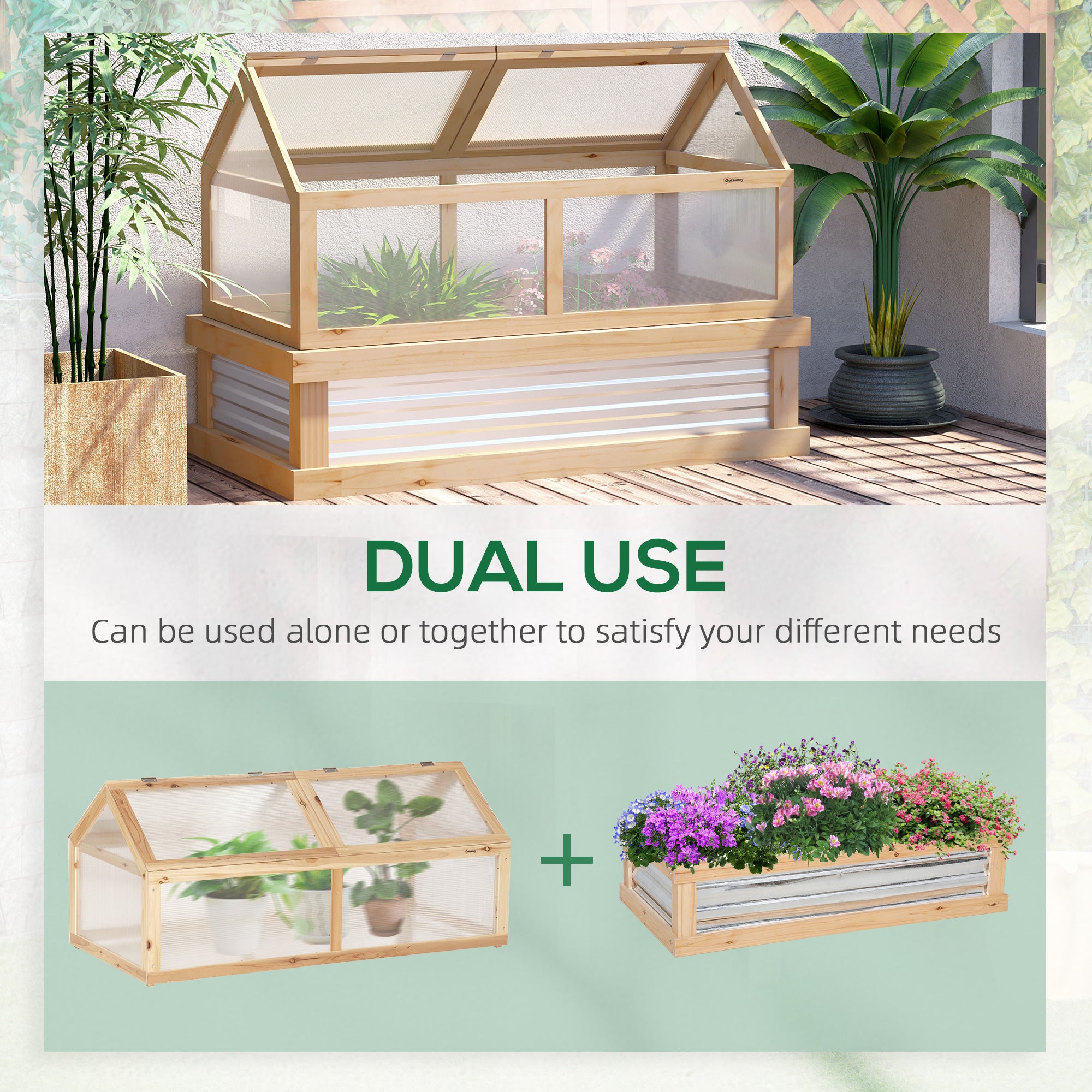 Outsunny Wooden Cold Frame, Raised Garden Bed with Polycarbonate Greenhouse, Flower Planter Protection, 48" x 24" x 32", Natural