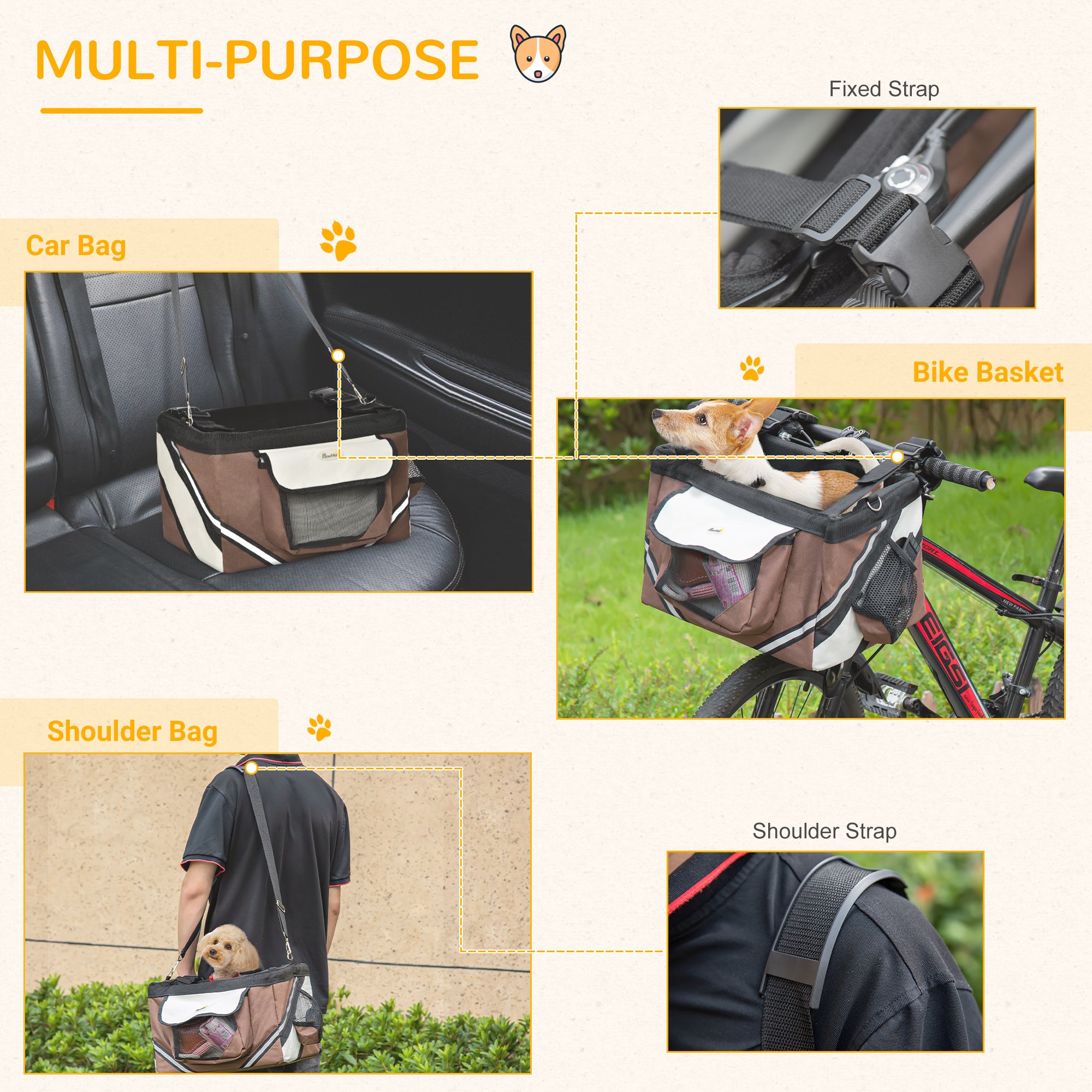 PawHut Dog Bike Basket Bicycle Carrier 3 in 1 Shoulder Bag Car Travel Carrier w/ Storage Pockets for Cats Puppy Small Dogs Brown