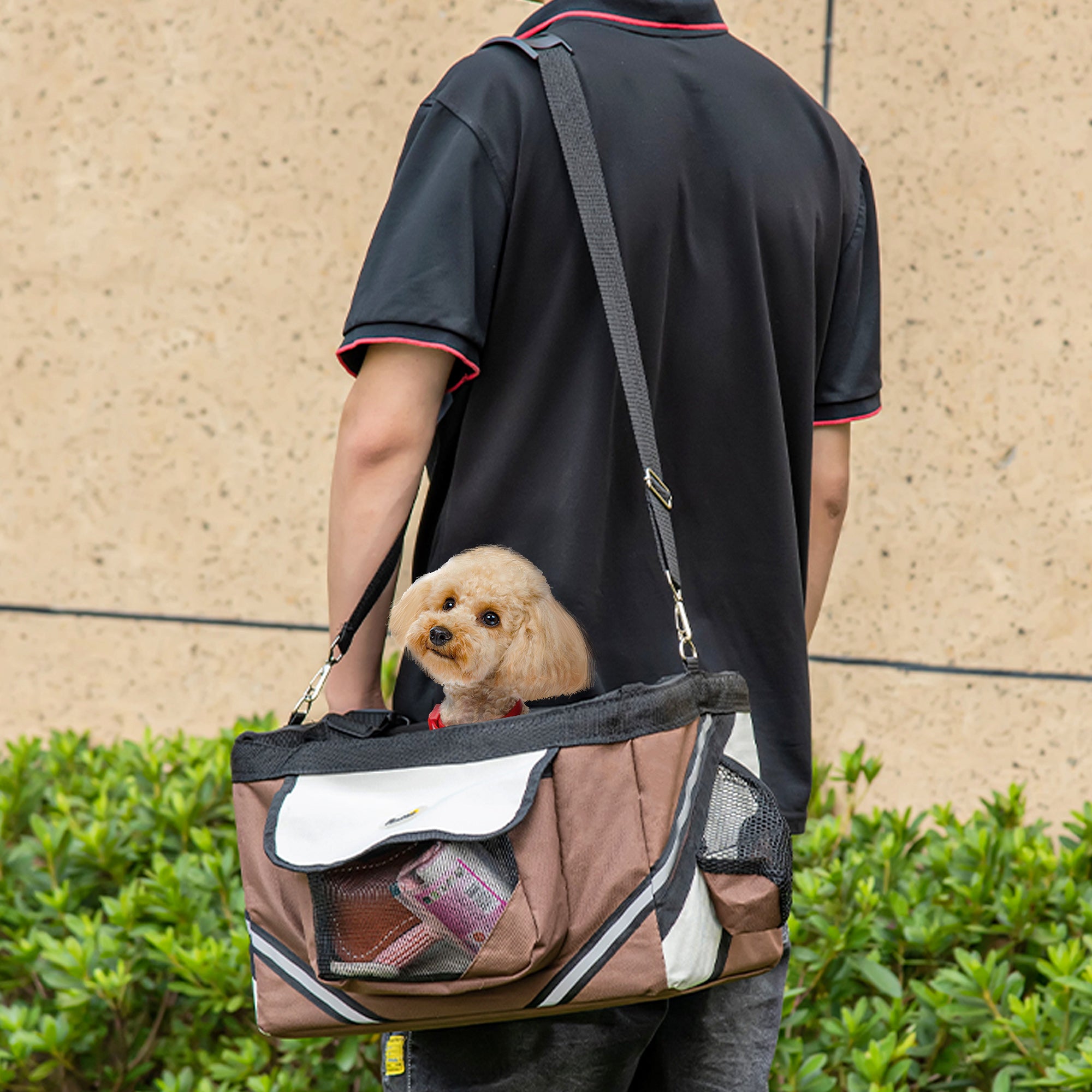 PawHut Dog Bike Basket Bicycle Carrier 3 in 1 Shoulder Bag Car Travel Carrier w/ Storage Pockets for Cats Puppy Small Dogs Brown