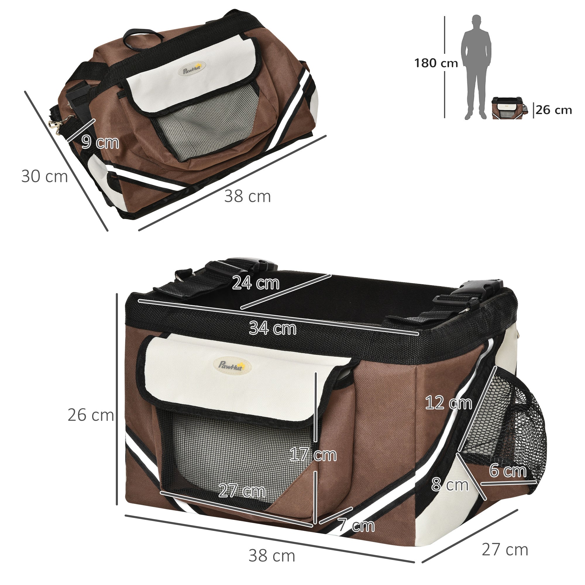 PawHut Dog Bike Basket Bicycle Carrier 3 in 1 Shoulder Bag Car Travel Carrier w/ Storage Pockets for Cats Puppy Small Dogs Brown
