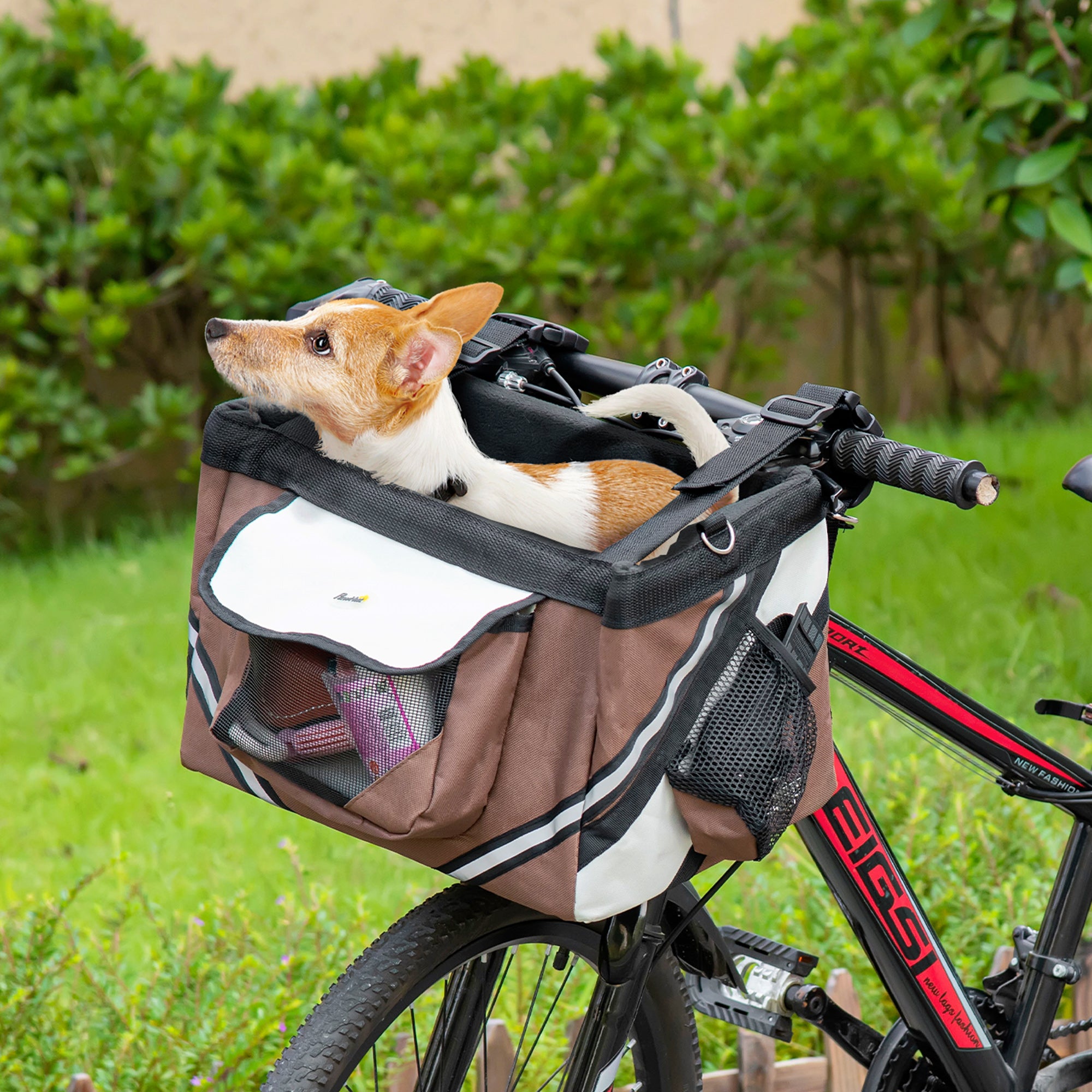 PawHut Dog Bike Basket Bicycle Carrier 3 in 1 Shoulder Bag Car Travel Carrier w/ Storage Pockets for Cats Puppy Small Dogs Brown