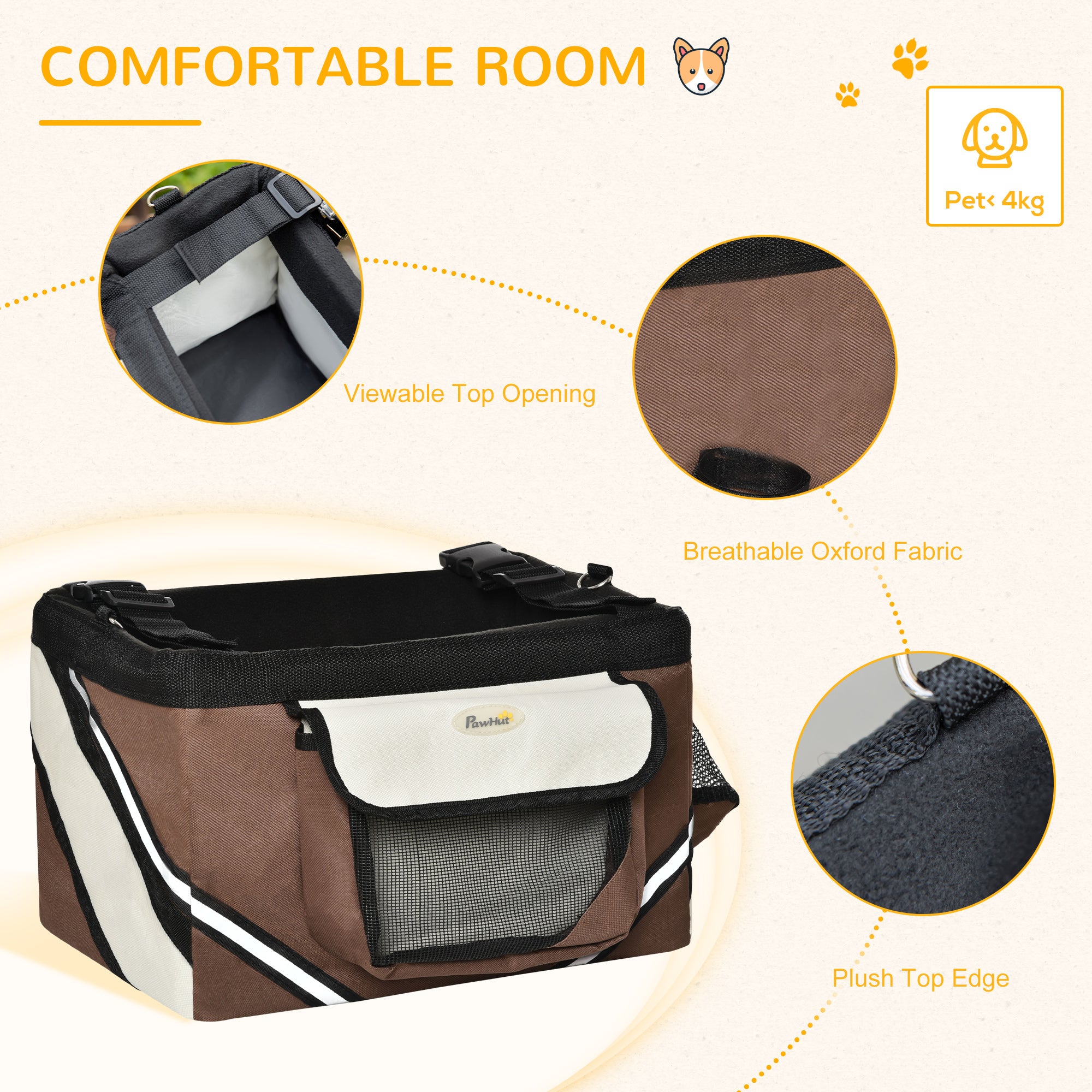 PawHut Dog Bike Basket Bicycle Carrier 3 in 1 Shoulder Bag Car Travel Carrier w/ Storage Pockets for Cats Puppy Small Dogs Brown