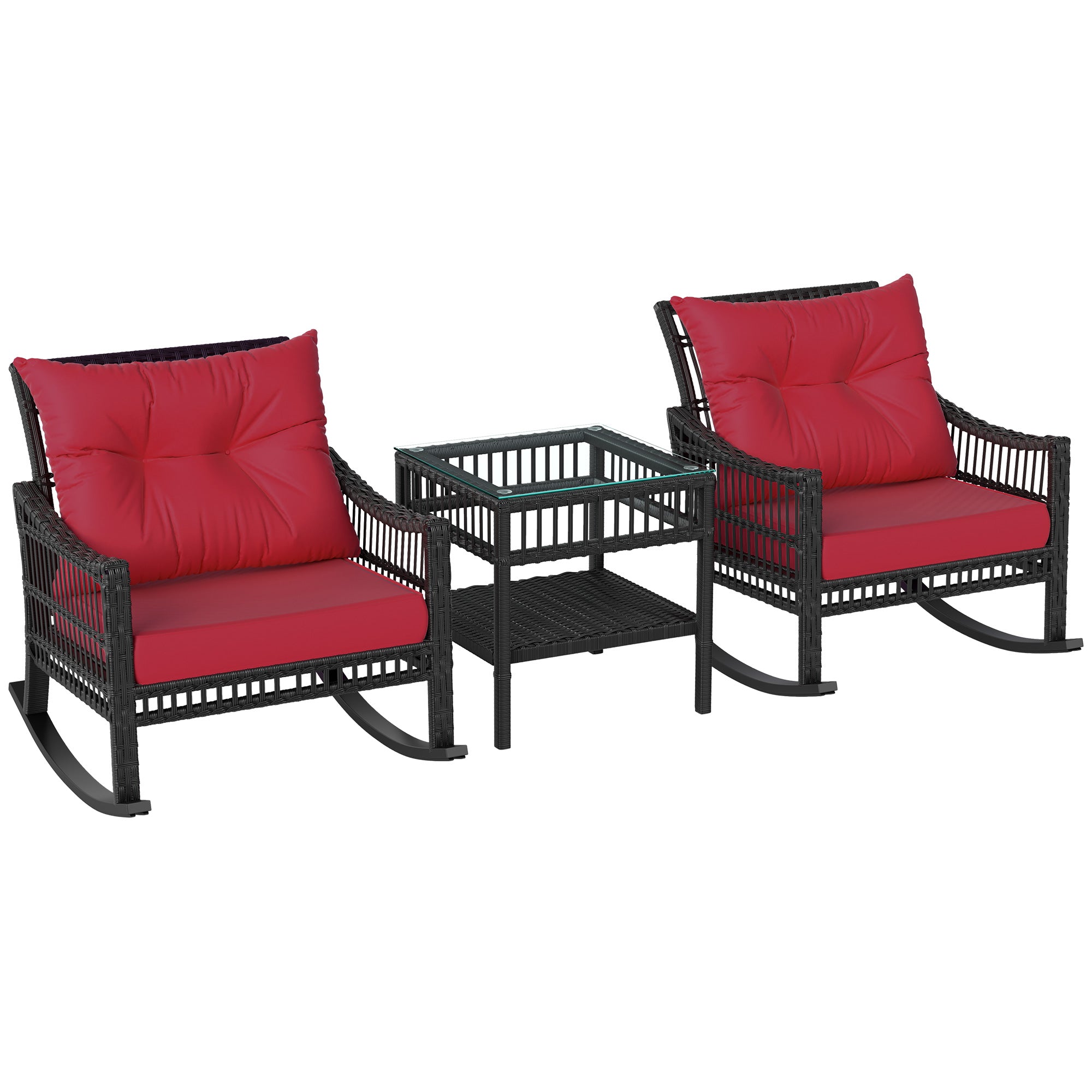 Outsunny 3 Pieces Outdoor PE Rattan Rocking Chair Set, Patio Wicker Rocker Chair Bistro set with Padded Cushions and Storage, for Garden Backyard Porch, Red