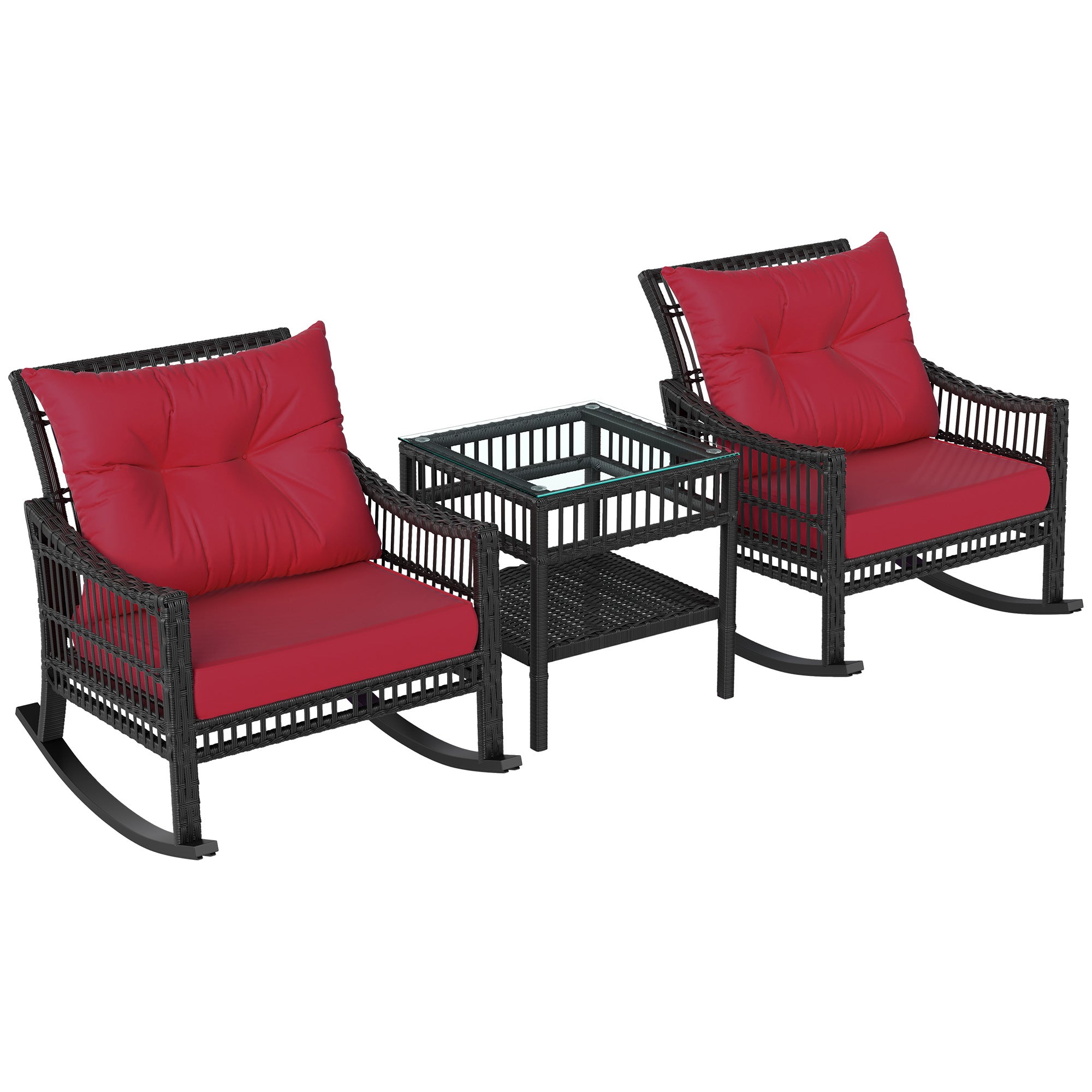 Outsunny 3 Pieces Outdoor PE Rattan Rocking Chair Set, Patio Wicker Rocker Chair Bistro set with Padded Cushions and Storage, for Garden Backyard Porch, Red