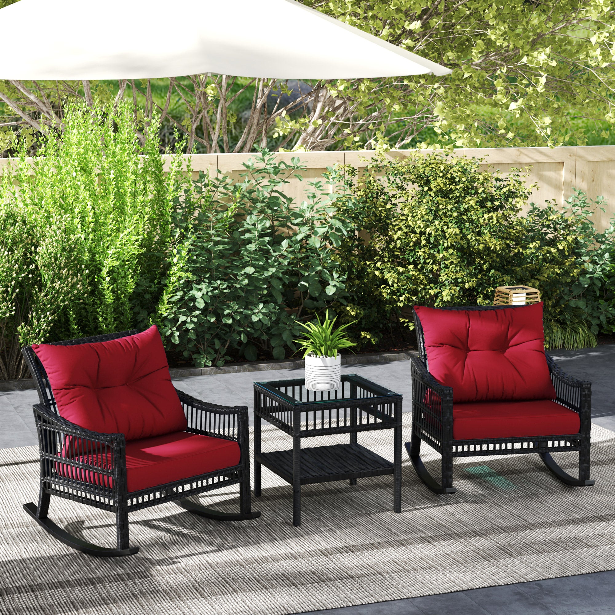 Outsunny 3 Pieces Outdoor PE Rattan Rocking Chair Set, Patio Wicker Rocker Chair Bistro set with Padded Cushions and Storage, for Garden Backyard Porch, Red