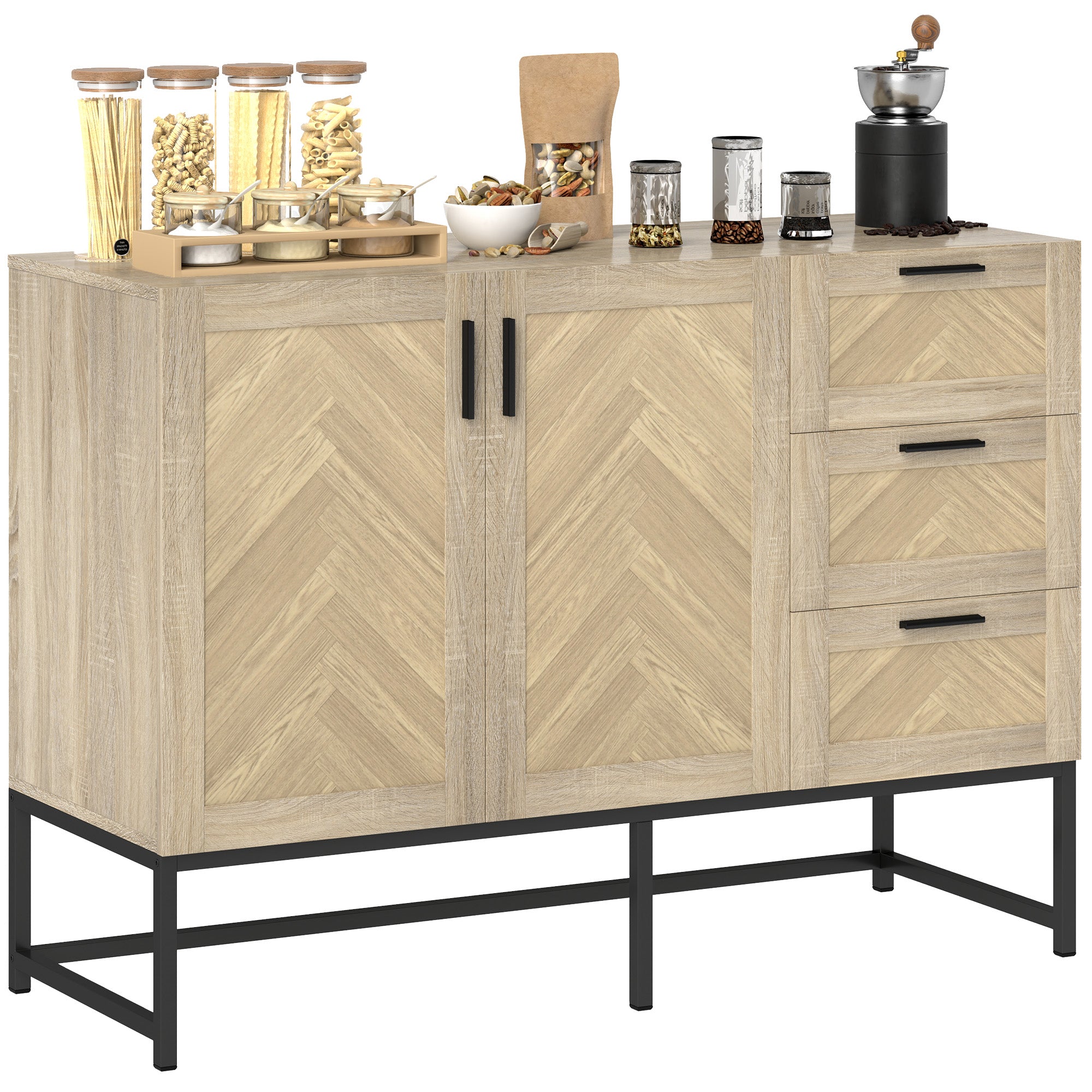 HOMCOM Sideboard Buffet Cabinet with 3 Drawers, Rustic Coffee Bar Cabinet with Recessed Doors and Adjustable Shelf, Oak