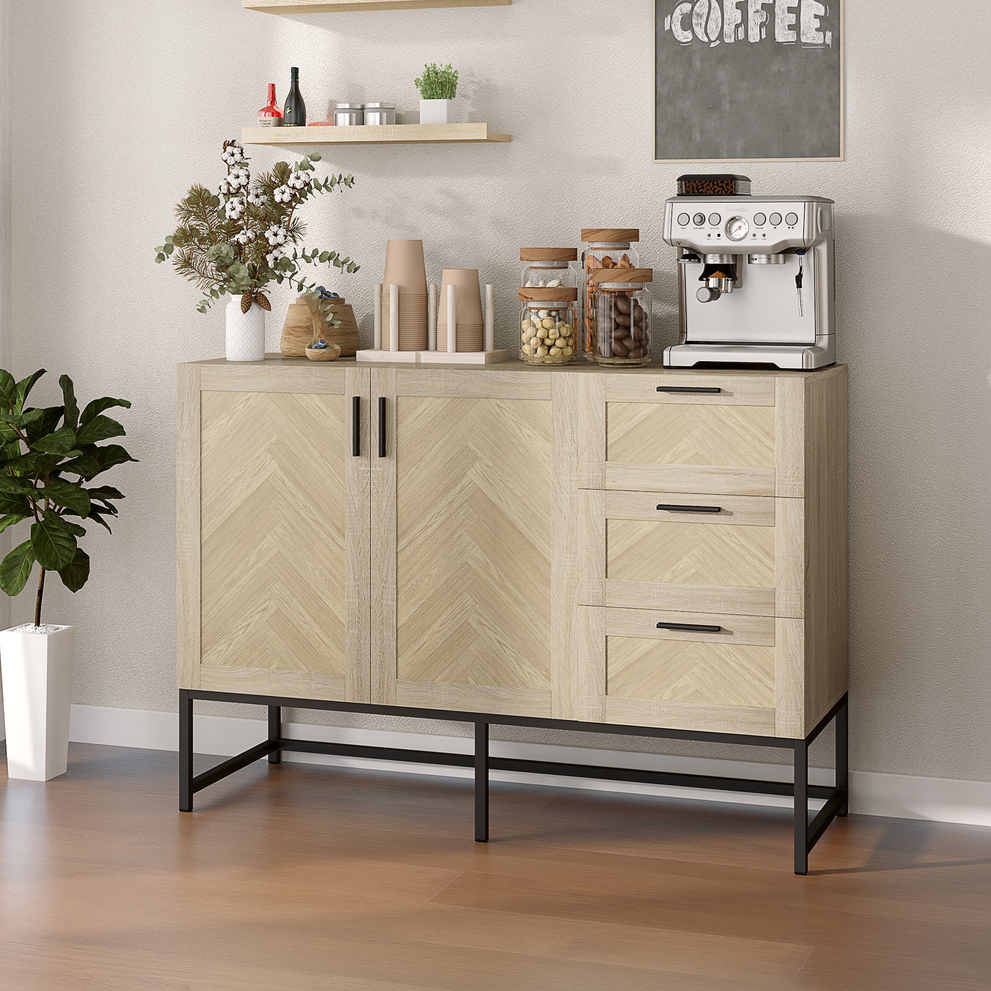HOMCOM Sideboard Buffet Cabinet with 3 Drawers, Rustic Coffee Bar Cabinet with Recessed Doors and Adjustable Shelf, Oak