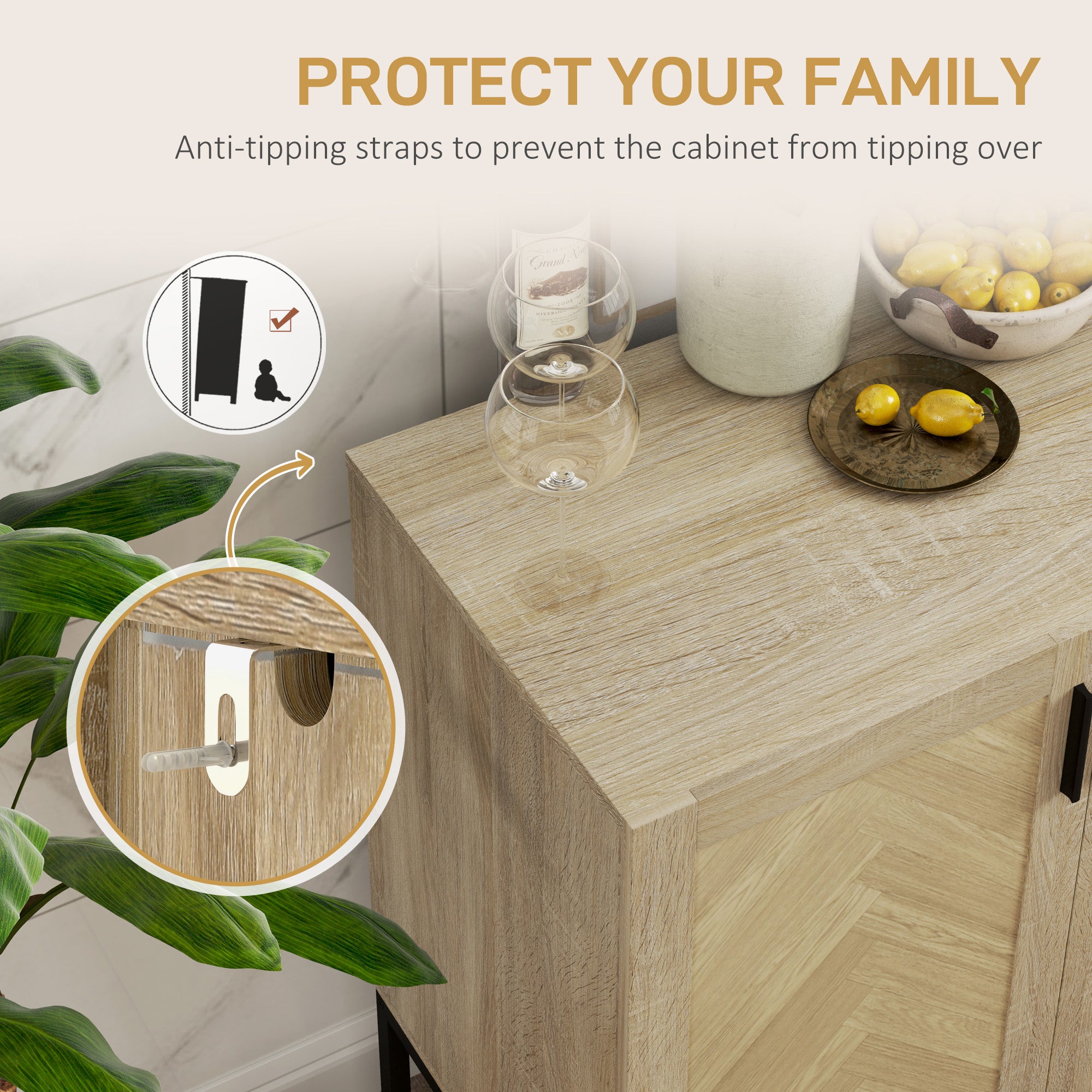 HOMCOM Sideboard Buffet Cabinet with 3 Drawers, Rustic Coffee Bar Cabinet with Recessed Doors and Adjustable Shelf, Oak