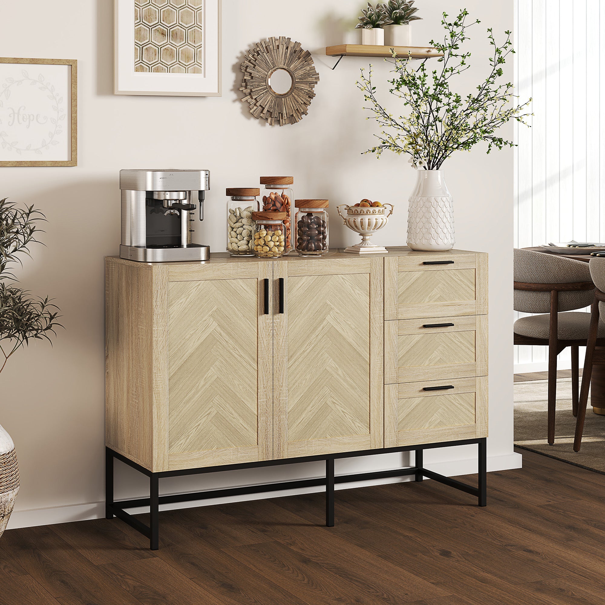 HOMCOM Sideboard Buffet Cabinet with 3 Drawers, Rustic Coffee Bar Cabinet with Recessed Doors and Adjustable Shelf, Oak