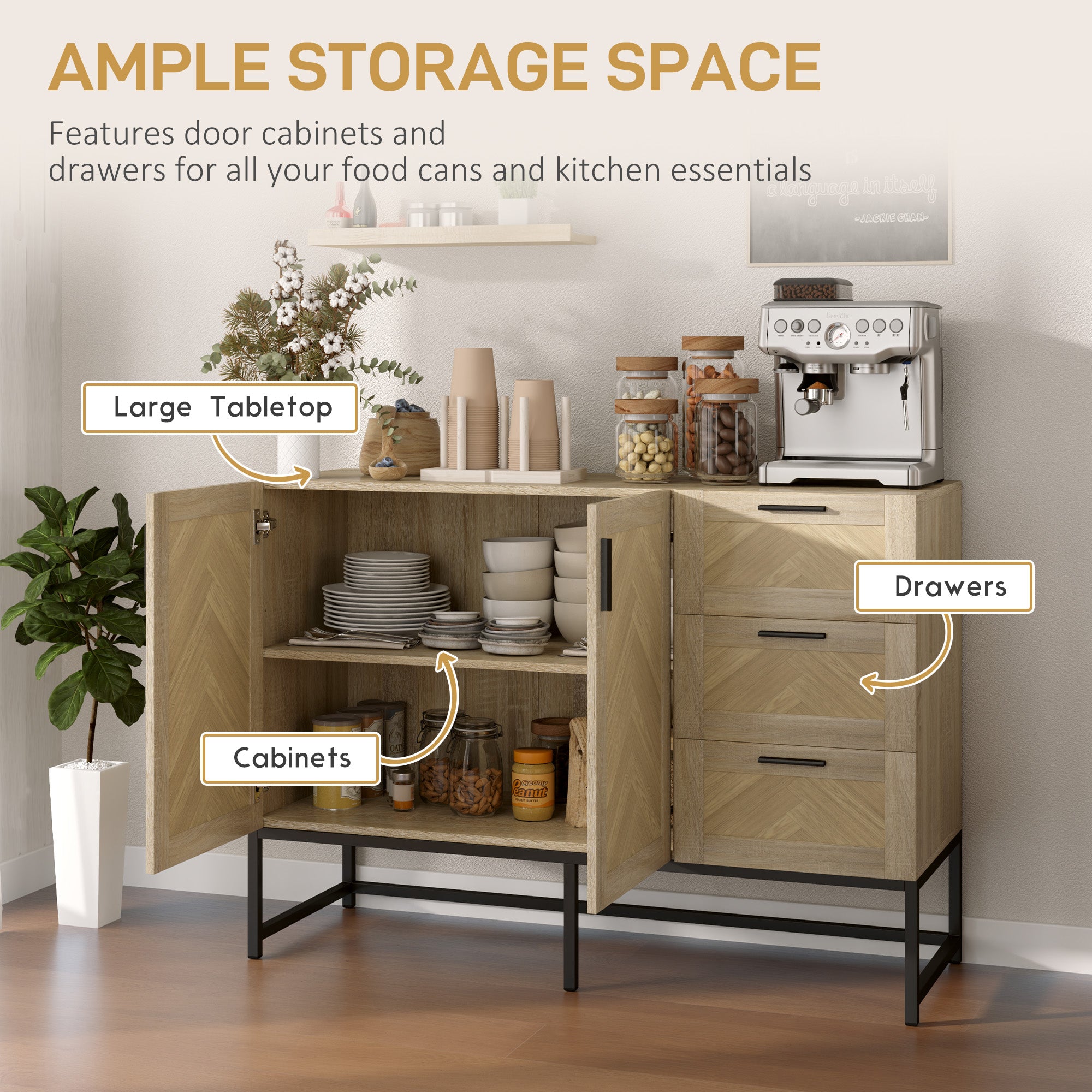 HOMCOM Sideboard Buffet Cabinet with 3 Drawers, Rustic Coffee Bar Cabinet with Recessed Doors and Adjustable Shelf, Oak