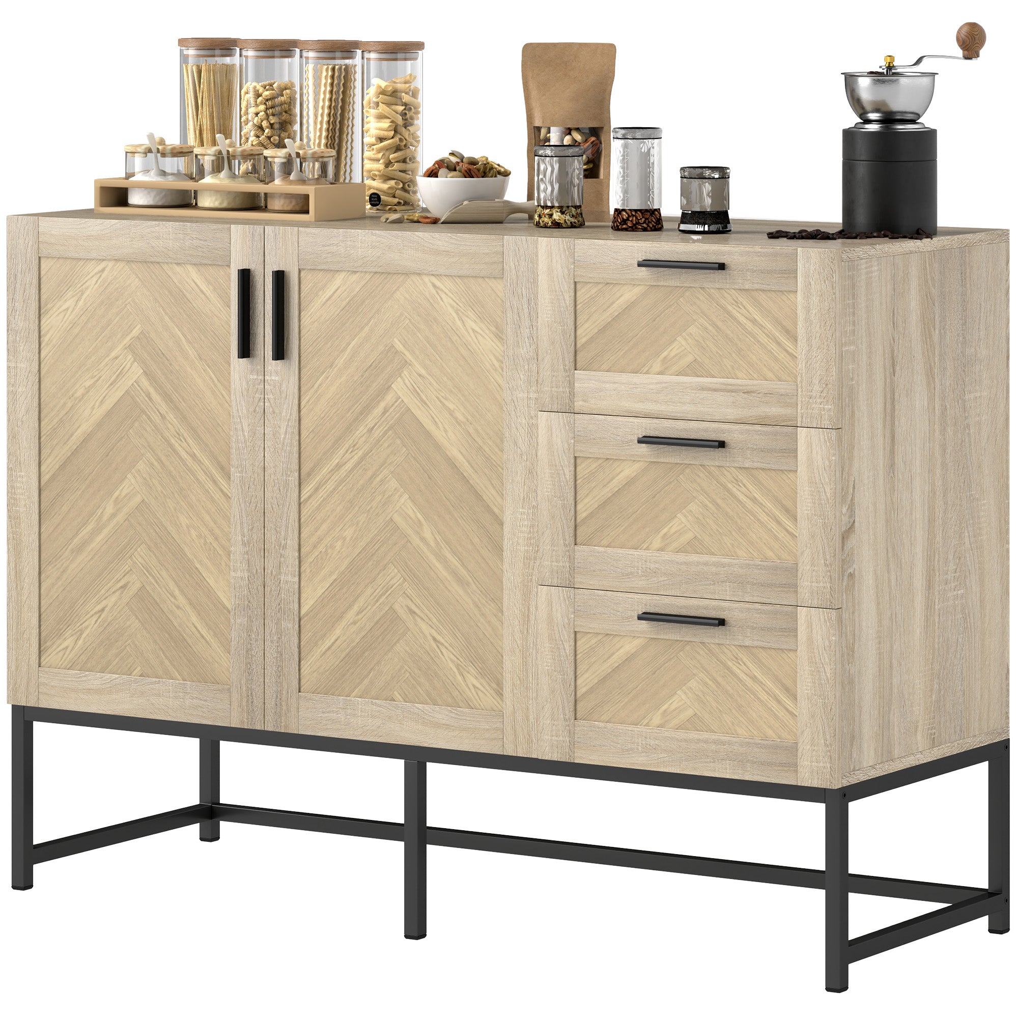HOMCOM Sideboard Buffet Cabinet with 3 Drawers, Rustic Coffee Bar Cabinet with Recessed Doors and Adjustable Shelf, Oak