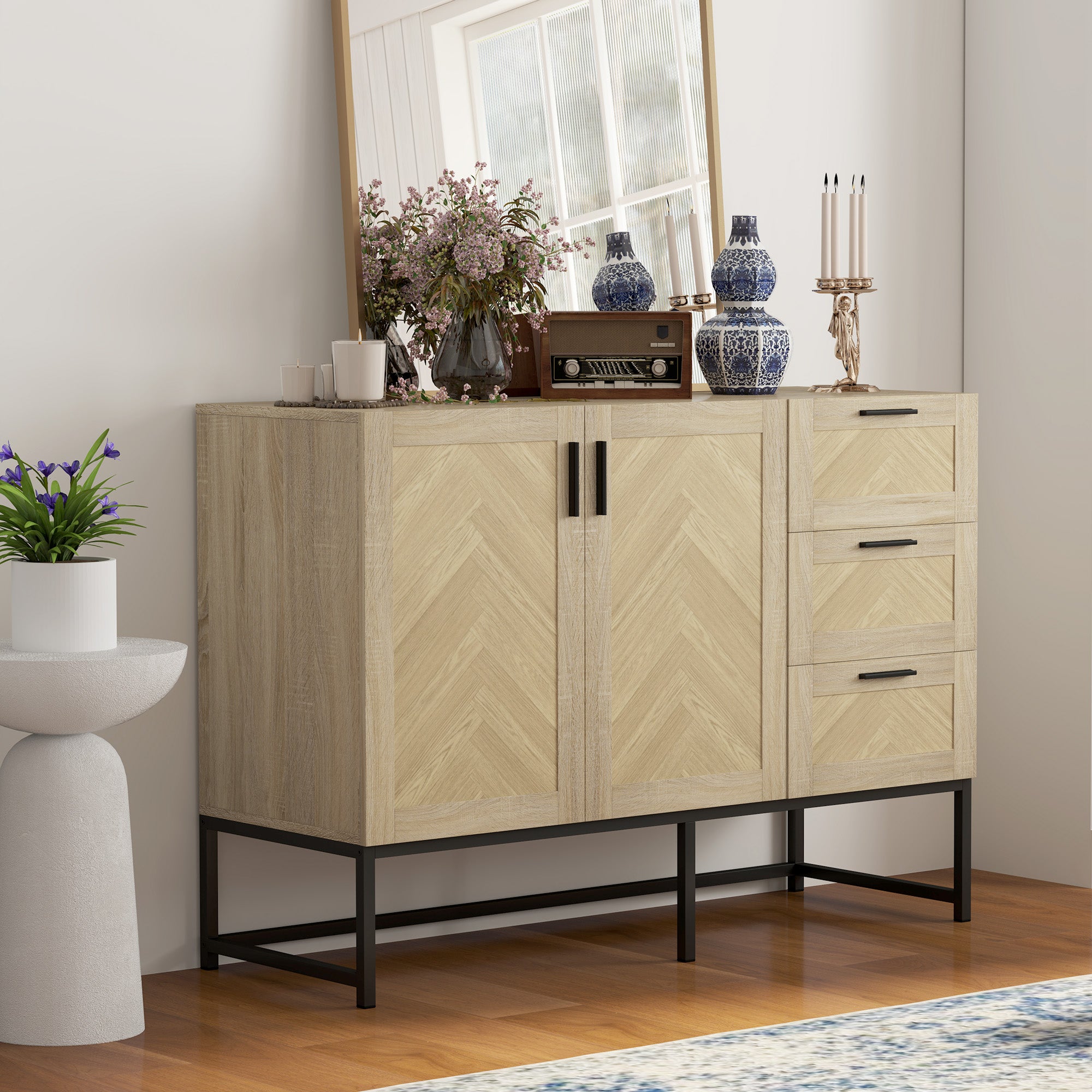 HOMCOM Sideboard Buffet Cabinet with 3 Drawers, Rustic Coffee Bar Cabinet with Recessed Doors and Adjustable Shelf, Oak
