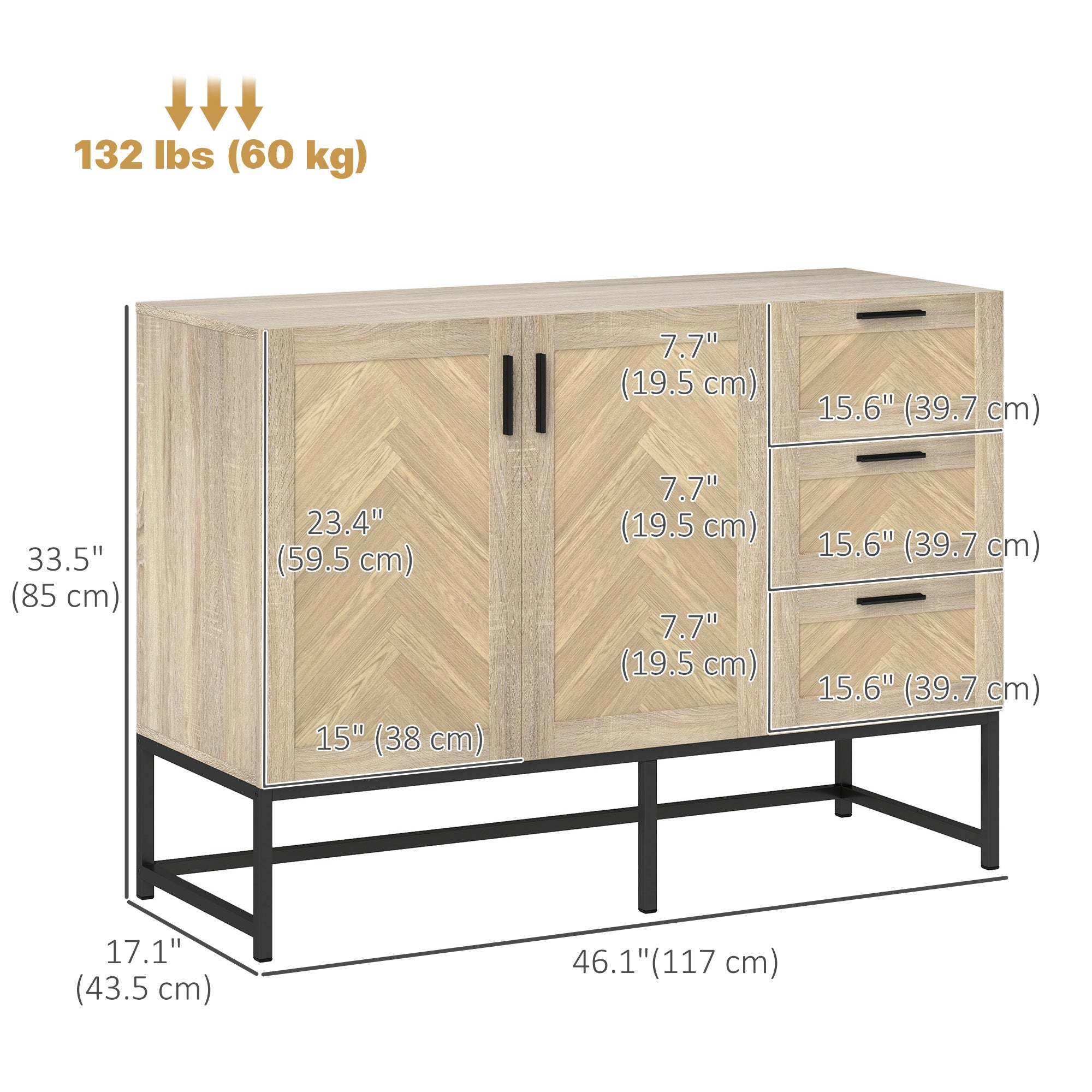 HOMCOM Sideboard Buffet Cabinet with 3 Drawers, Rustic Coffee Bar Cabinet with Recessed Doors and Adjustable Shelf, Oak