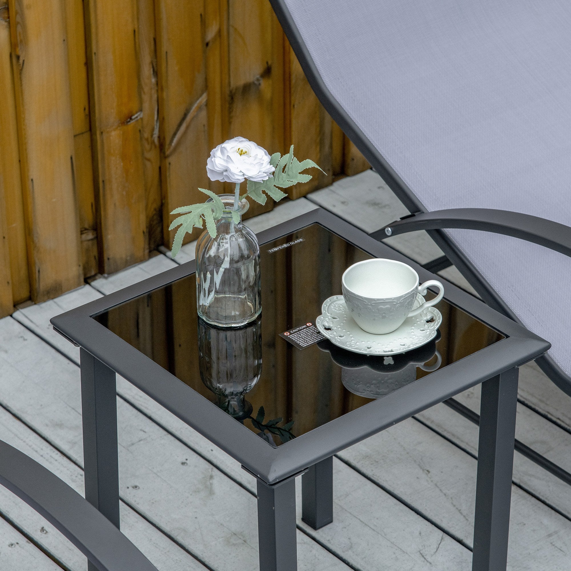 Outsunny 3 Pieces Patio Pool Lounge Chairs Set, Outdoor Chaise lounge with 2 S-Shaped Sunbathing Chairs and a Glass Top Table, for Yard Garden, Light Grey