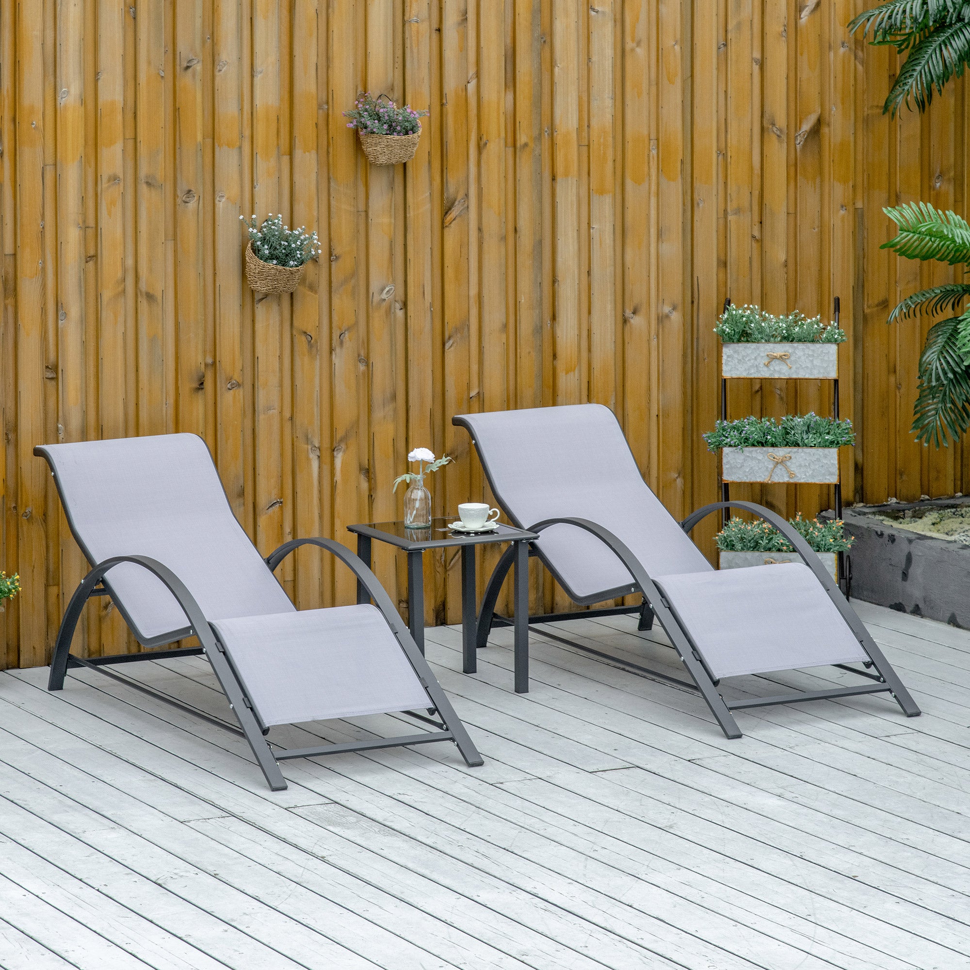 Outsunny 3 Pieces Patio Pool Lounge Chairs Set, Outdoor Chaise lounge with 2 S-Shaped Sunbathing Chairs and a Glass Top Table, for Yard Garden, Light Grey