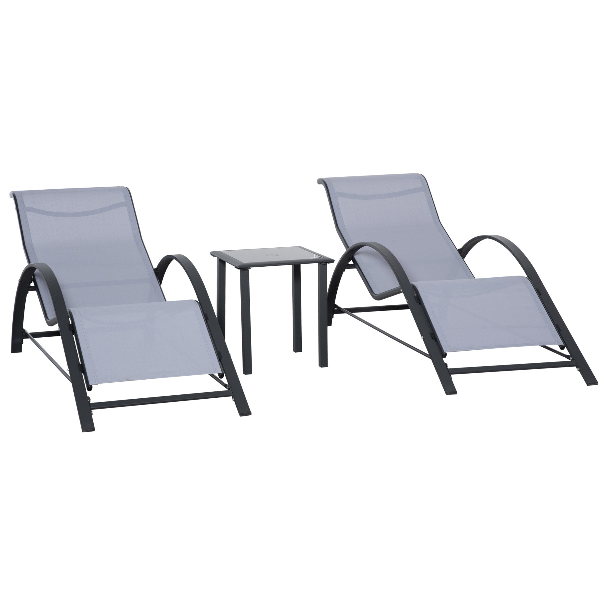 Outsunny 3 Pieces Patio Pool Lounge Chairs Set, Outdoor Chaise lounge with 2 S-Shaped Sunbathing Chairs and a Glass Top Table, for Yard Garden, Light Grey