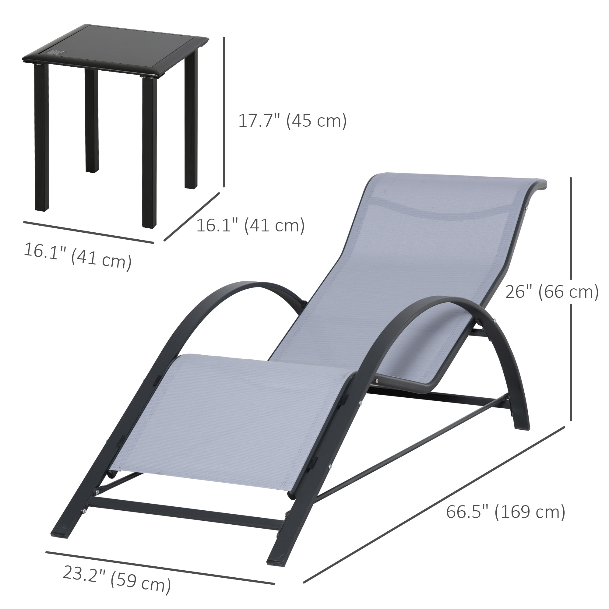 Outsunny 3 Pieces Patio Pool Lounge Chairs Set, Outdoor Chaise lounge with 2 S-Shaped Sunbathing Chairs and a Glass Top Table, for Yard Garden, Light Grey