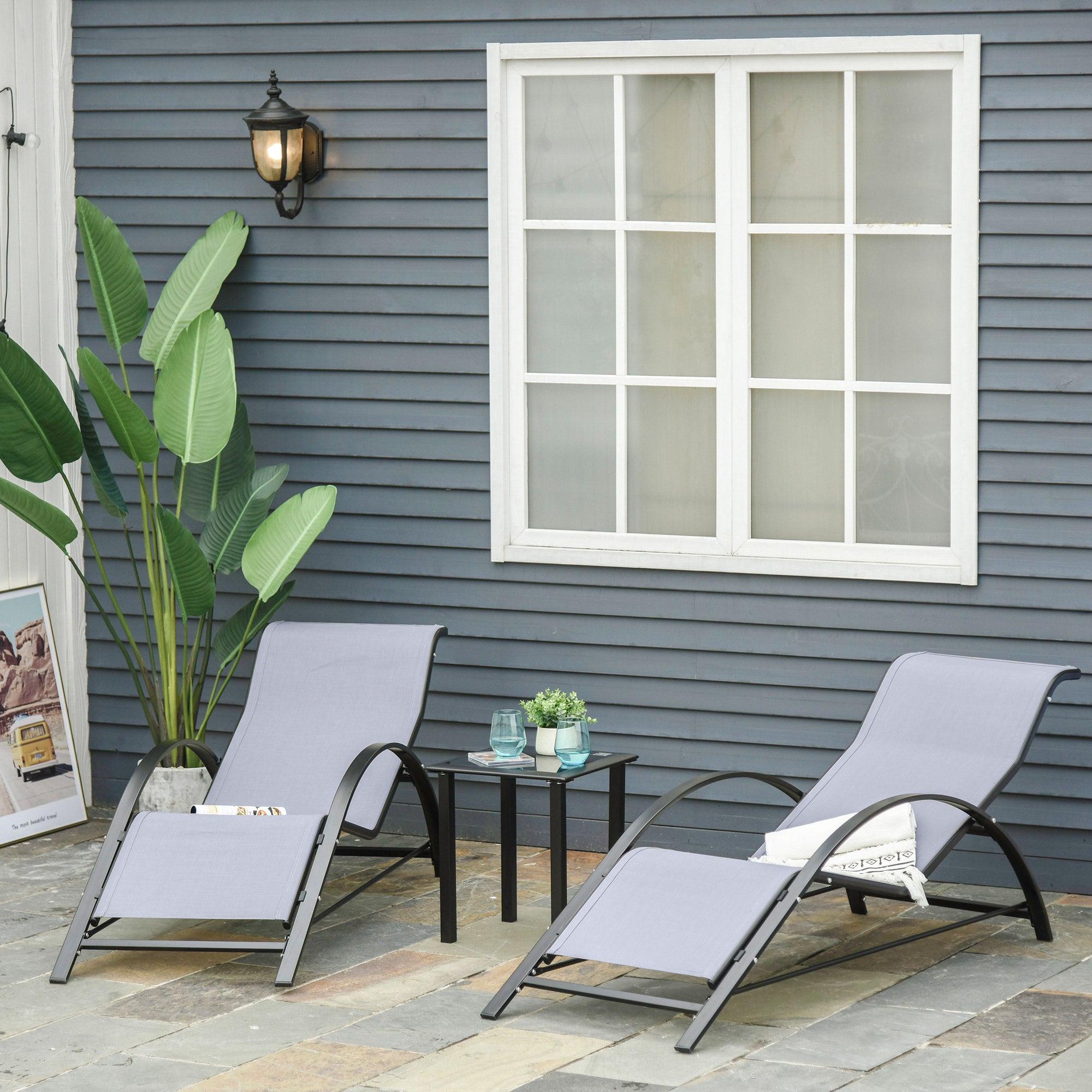 Outsunny 3 Pieces Patio Pool Lounge Chairs Set, Outdoor Chaise lounge with 2 S-Shaped Sunbathing Chairs and a Glass Top Table, for Yard Garden, Light Grey