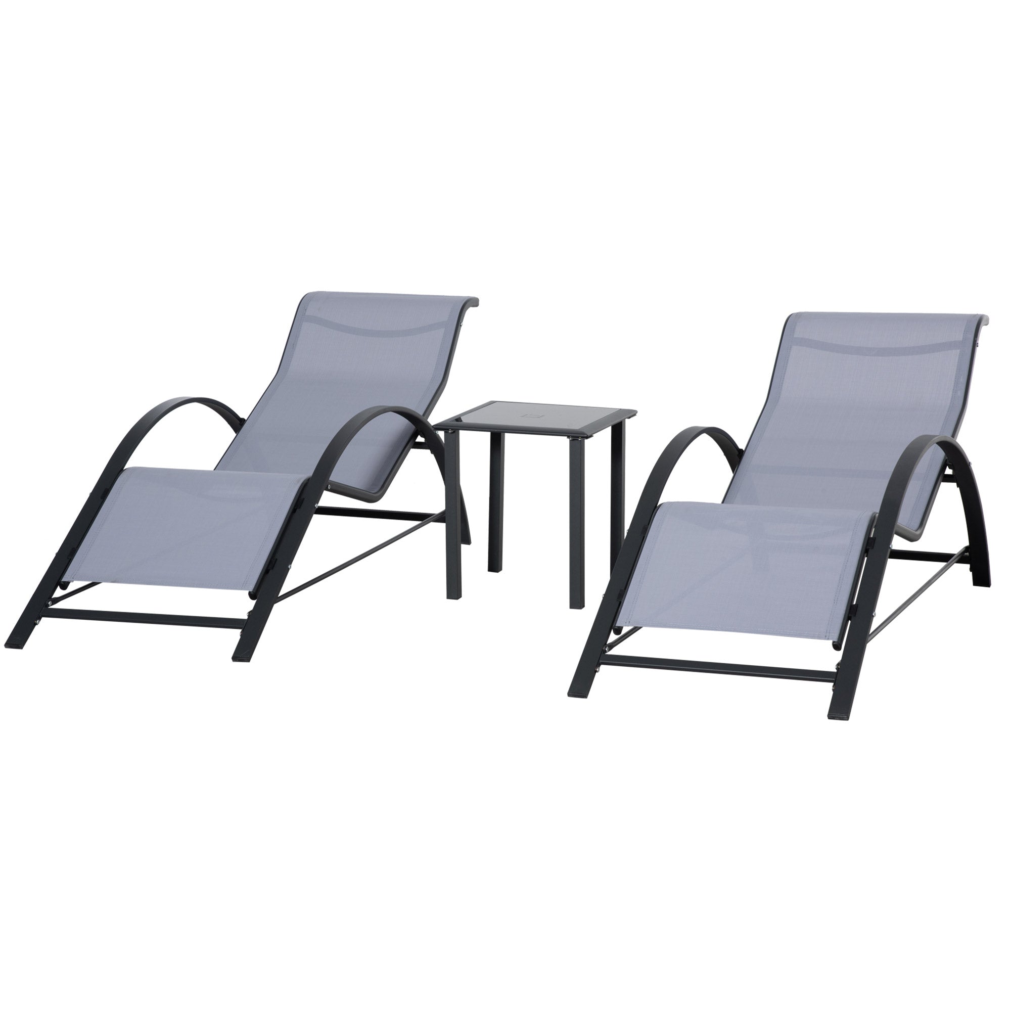 Outsunny 3 Pieces Patio Pool Lounge Chairs Set, Outdoor Chaise lounge with 2 S-Shaped Sunbathing Chairs and a Glass Top Table, for Yard Garden, Light Grey