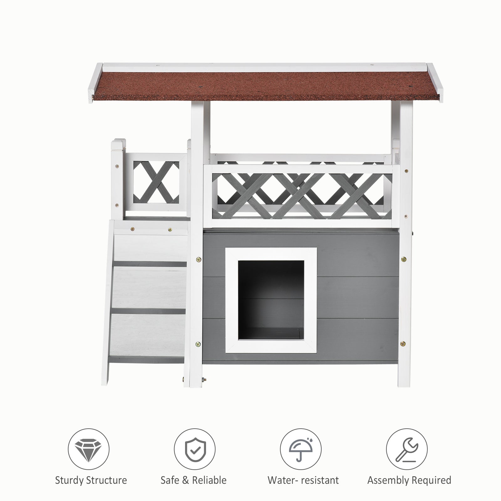 PawHut Wooden Cat House Outdoor Luxury Room Weatherproof Shelter with Balcony and Stair Puppy Garden Large Kennel White