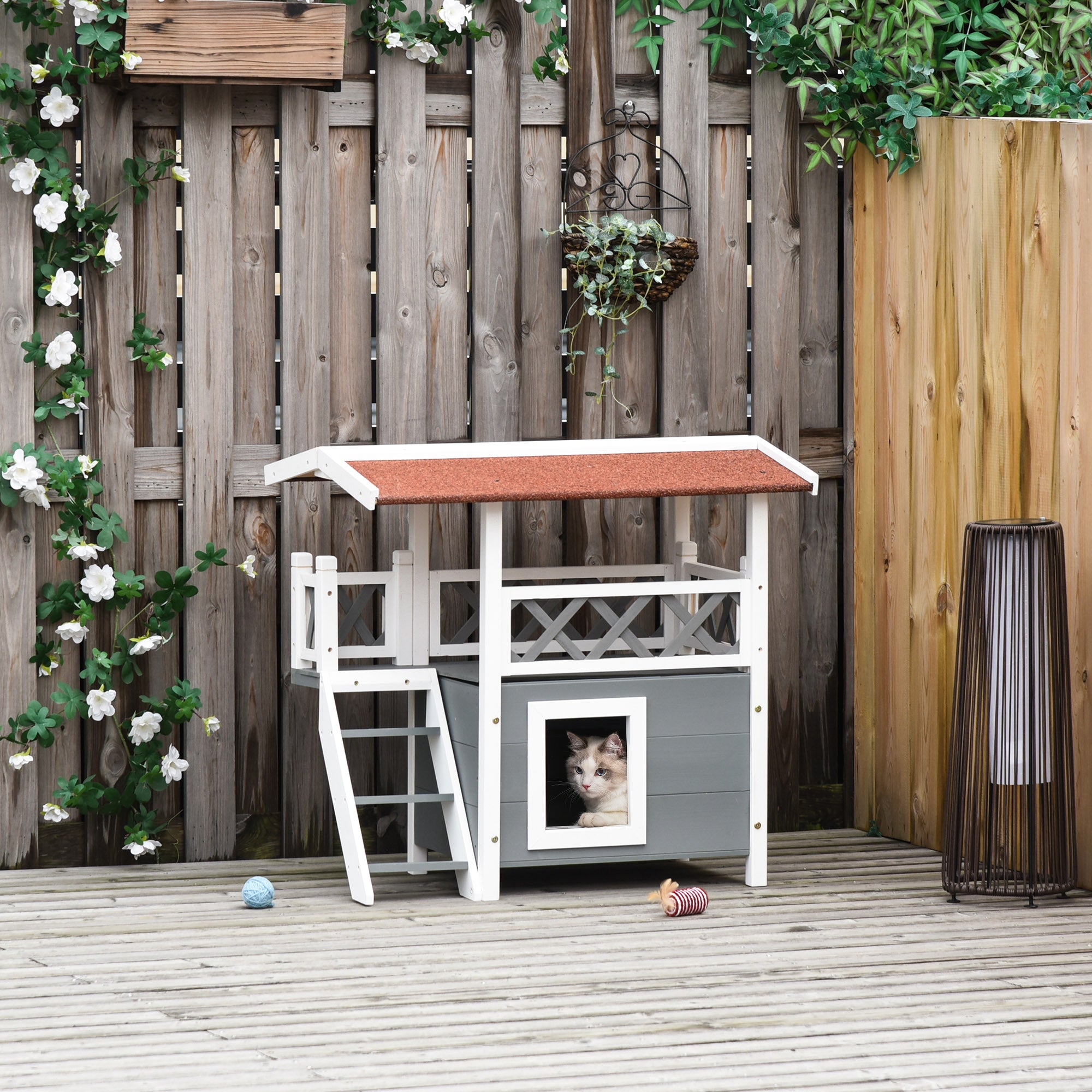 PawHut Wooden Cat House, 2-Floor Feral Cat Shelter, Kitten Condo Outdoor, Small Dog House with Balcony, Stairs, Asphalt Roof, White