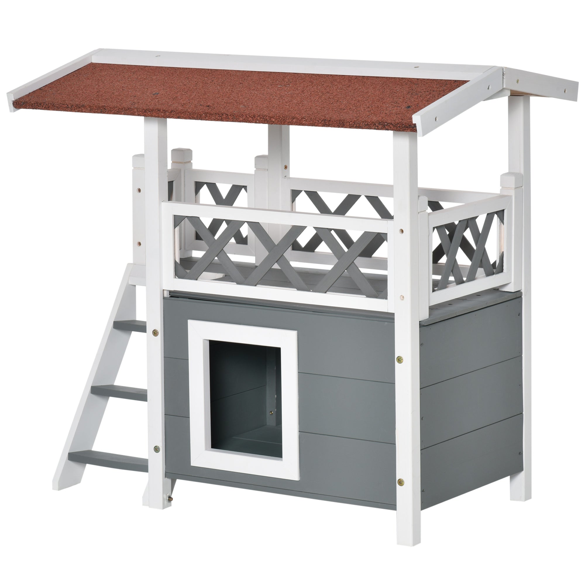PawHut Wooden Cat House, 2-Floor Feral Cat Shelter, Kitten Condo Outdoor, Small Dog House with Balcony, Stairs, Asphalt Roof, White