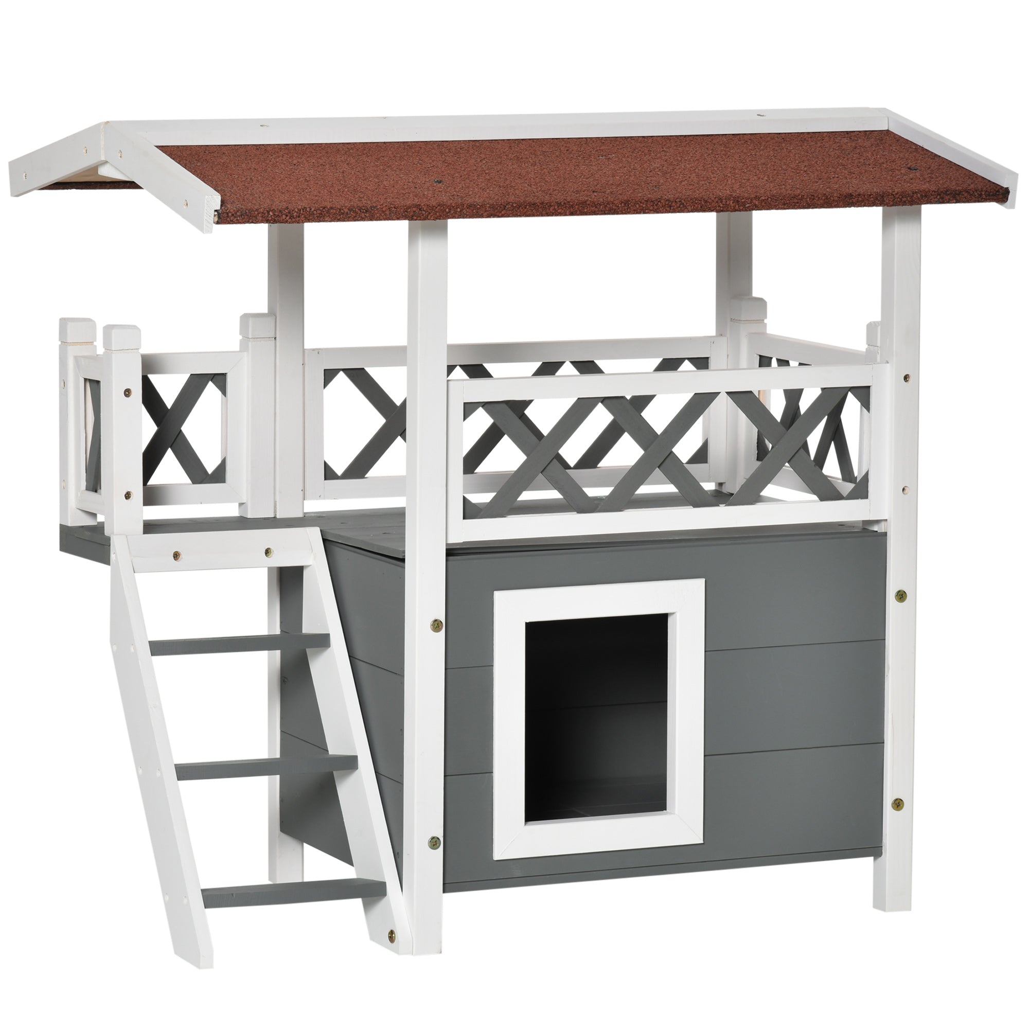 PawHut Wooden Cat House, 2-Floor Feral Cat Shelter, Kitten Condo Outdoor, Small Dog House with Balcony, Stairs, Asphalt Roof, White
