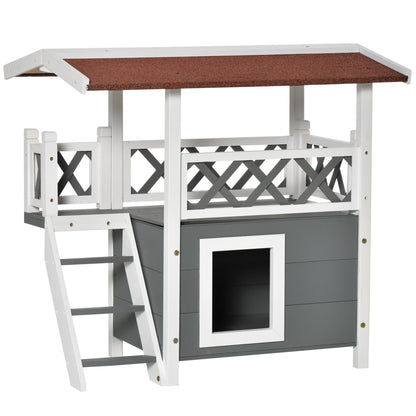 PawHut Wooden Cat House, 2-Floor Feral Cat Shelter, Kitten Condo Outdoor, Small Dog House with Balcony, Stairs, Asphalt Roof, White