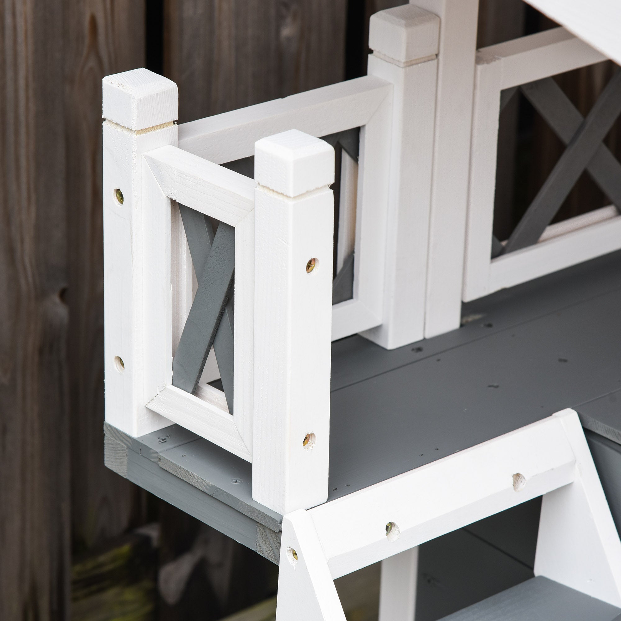 PawHut Wooden Cat House, 2-Floor Feral Cat Shelter, Kitten Condo Outdoor, Small Dog House with Balcony, Stairs, Asphalt Roof, White