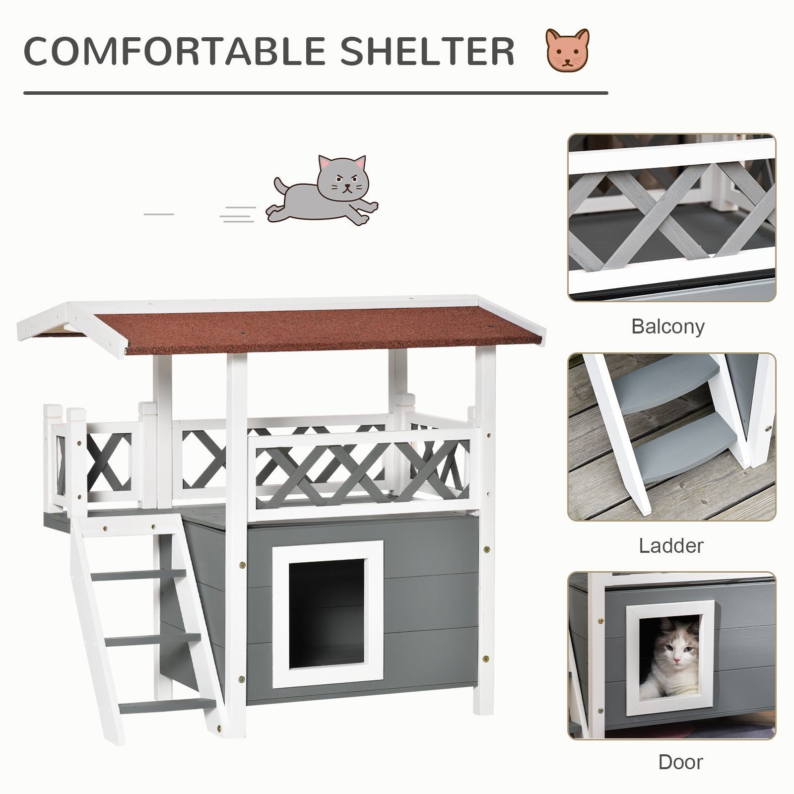 PawHut Wooden Cat House, 2-Floor Feral Cat Shelter, Kitten Condo Outdoor, Small Dog House with Balcony, Stairs, Asphalt Roof, White