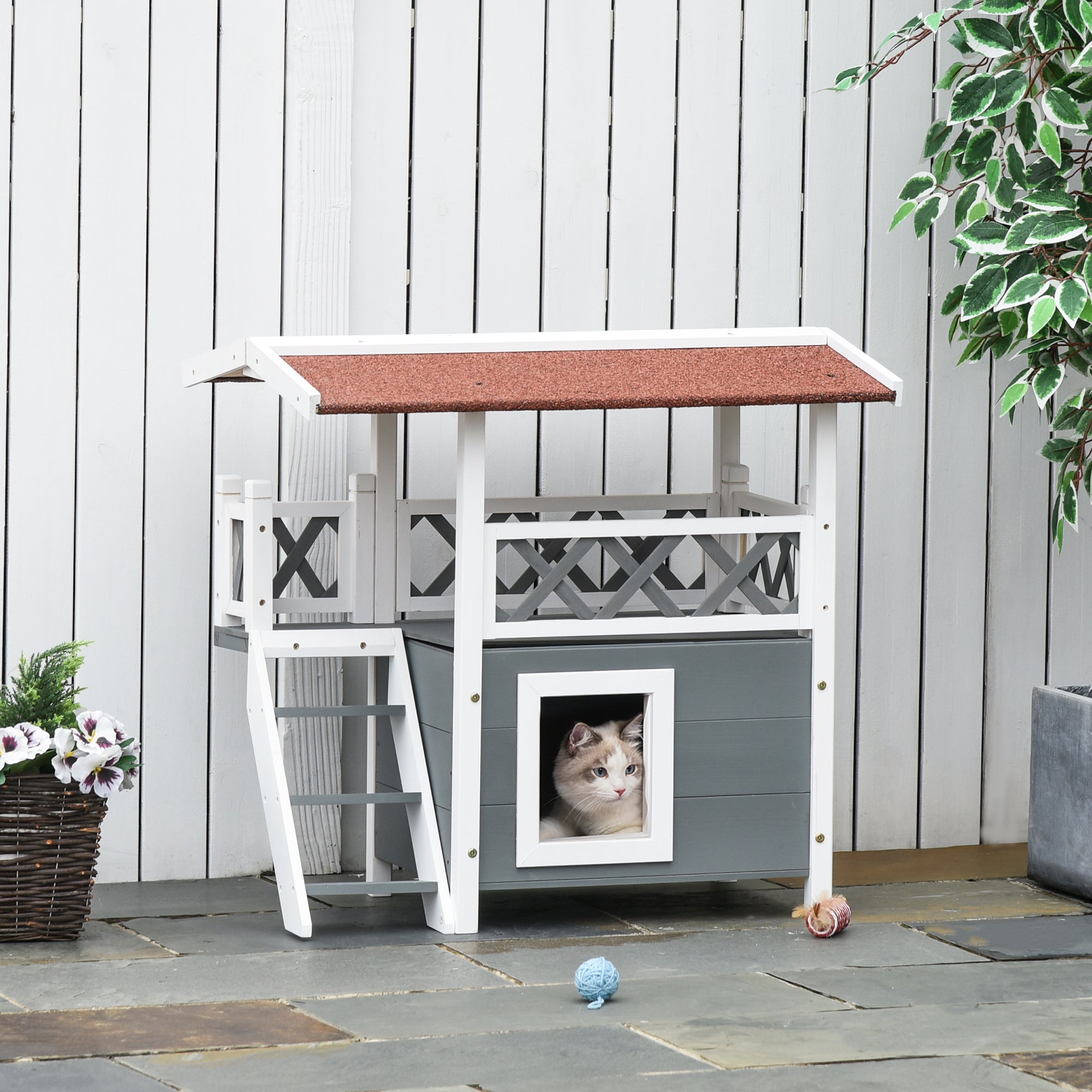 PawHut Wooden Cat House, 2-Floor Feral Cat Shelter, Kitten Condo Outdoor, Small Dog House with Balcony, Stairs, Asphalt Roof, White