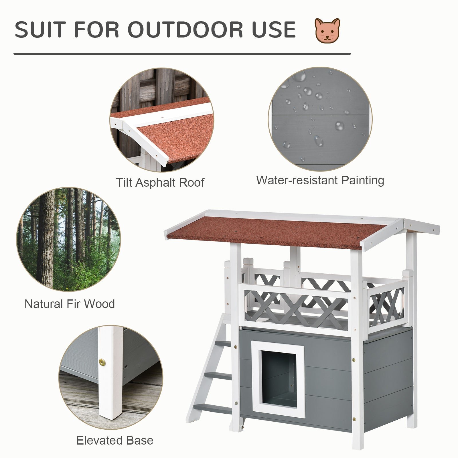 PawHut Wooden Cat House, 2-Floor Feral Cat Shelter, Kitten Condo Outdoor, Small Dog House with Balcony, Stairs, Asphalt Roof, White