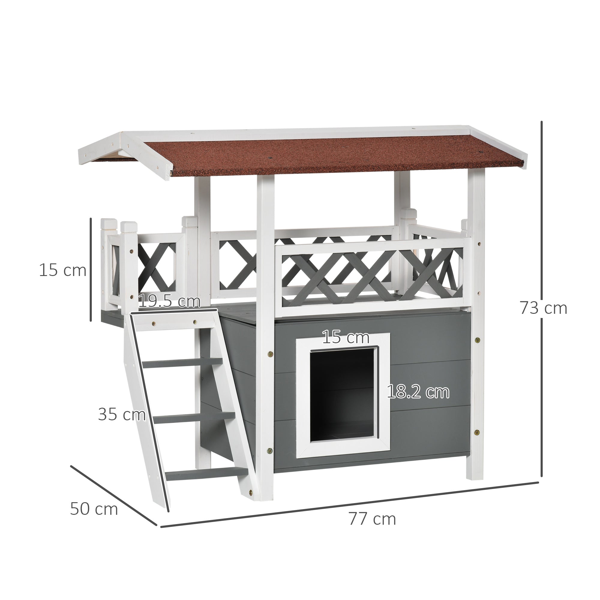 PawHut Wooden Cat House Outdoor Luxury Room Weatherproof Shelter with Balcony and Stair Puppy Garden Large Kennel White