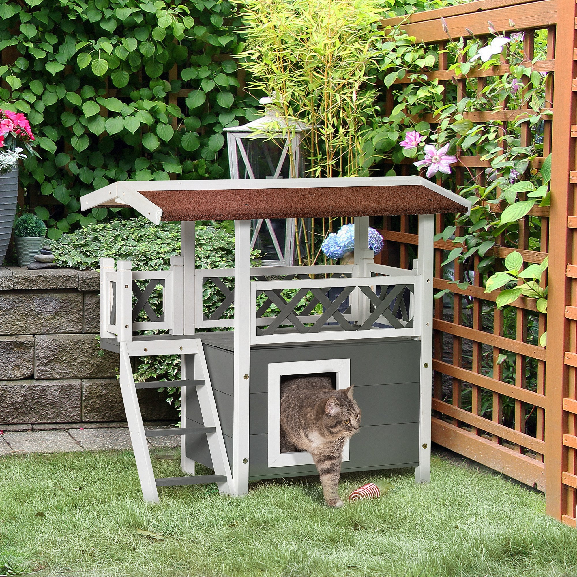 PawHut Wooden Cat House, 2-Floor Feral Cat Shelter, Kitten Condo Outdoor, Small Dog House with Balcony, Stairs, Asphalt Roof, White