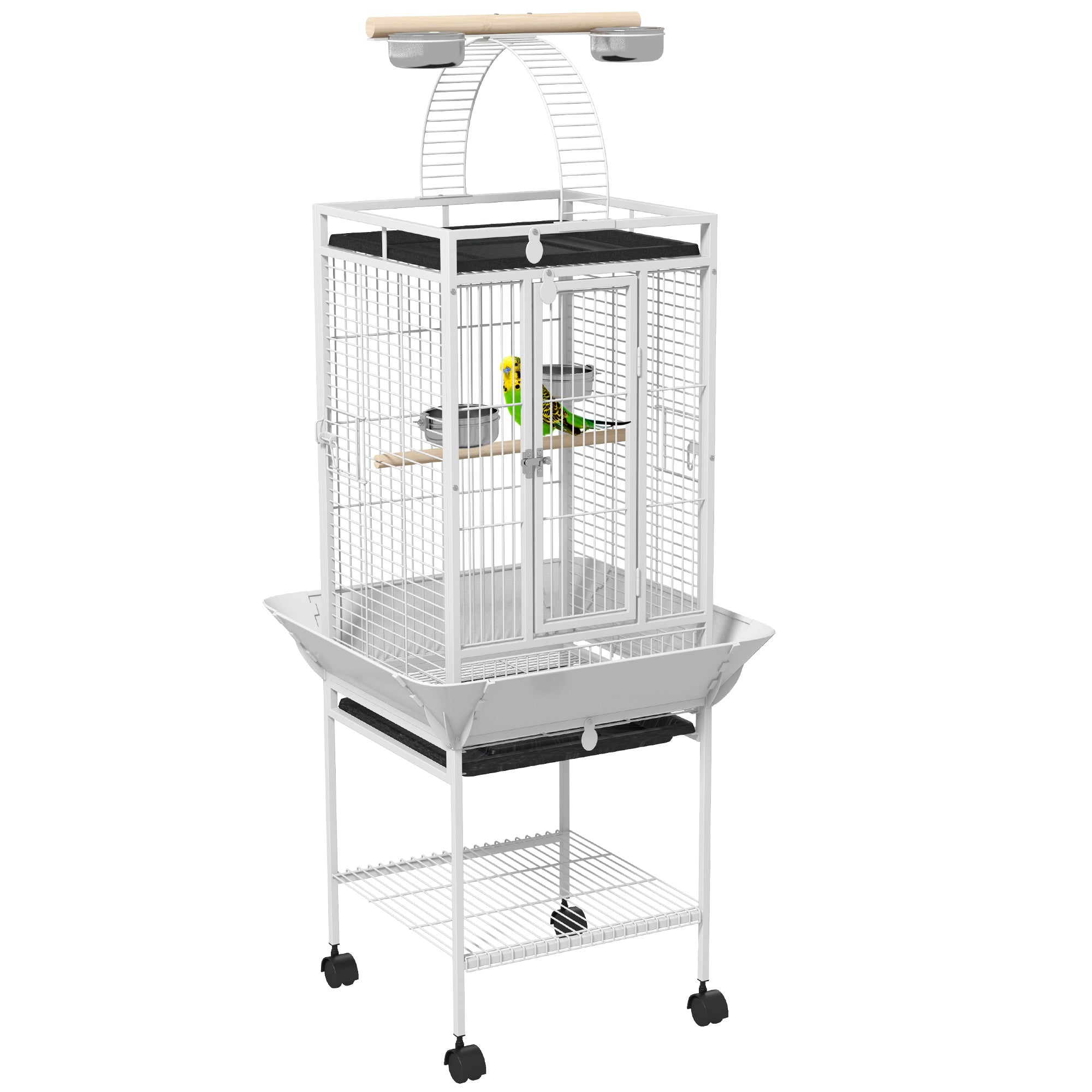 PawHut 61.5 Inch Bird Cage Parakeet House for Cockatiel with Stand, Pull Out Tray, Play Top, Storage Shelf, Wood Perch, Food Container, White