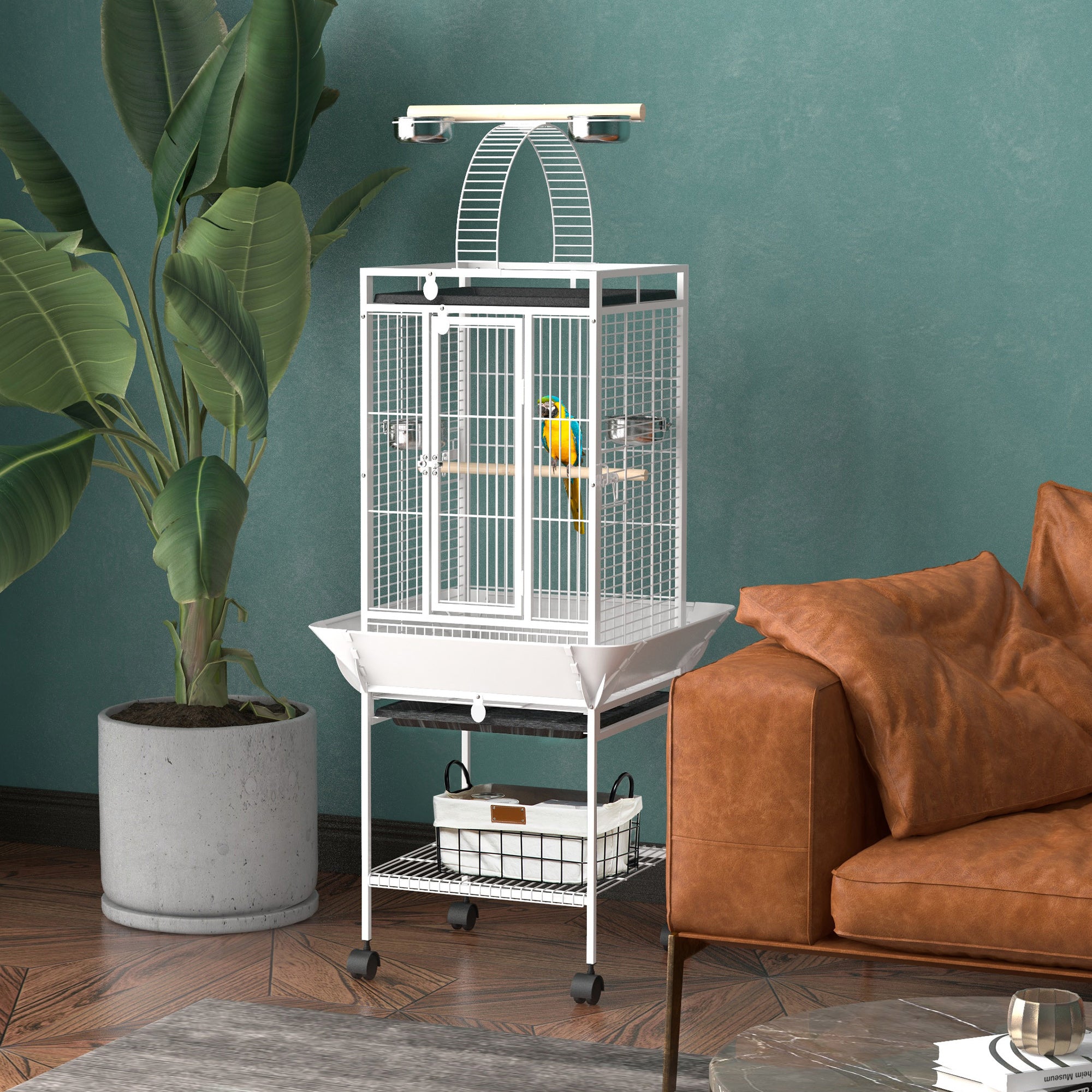 PawHut 61.5 Inch Bird Cage Parakeet House for Cockatiel with Stand, Pull Out Tray, Play Top, Storage Shelf, Wood Perch, Food Container, White