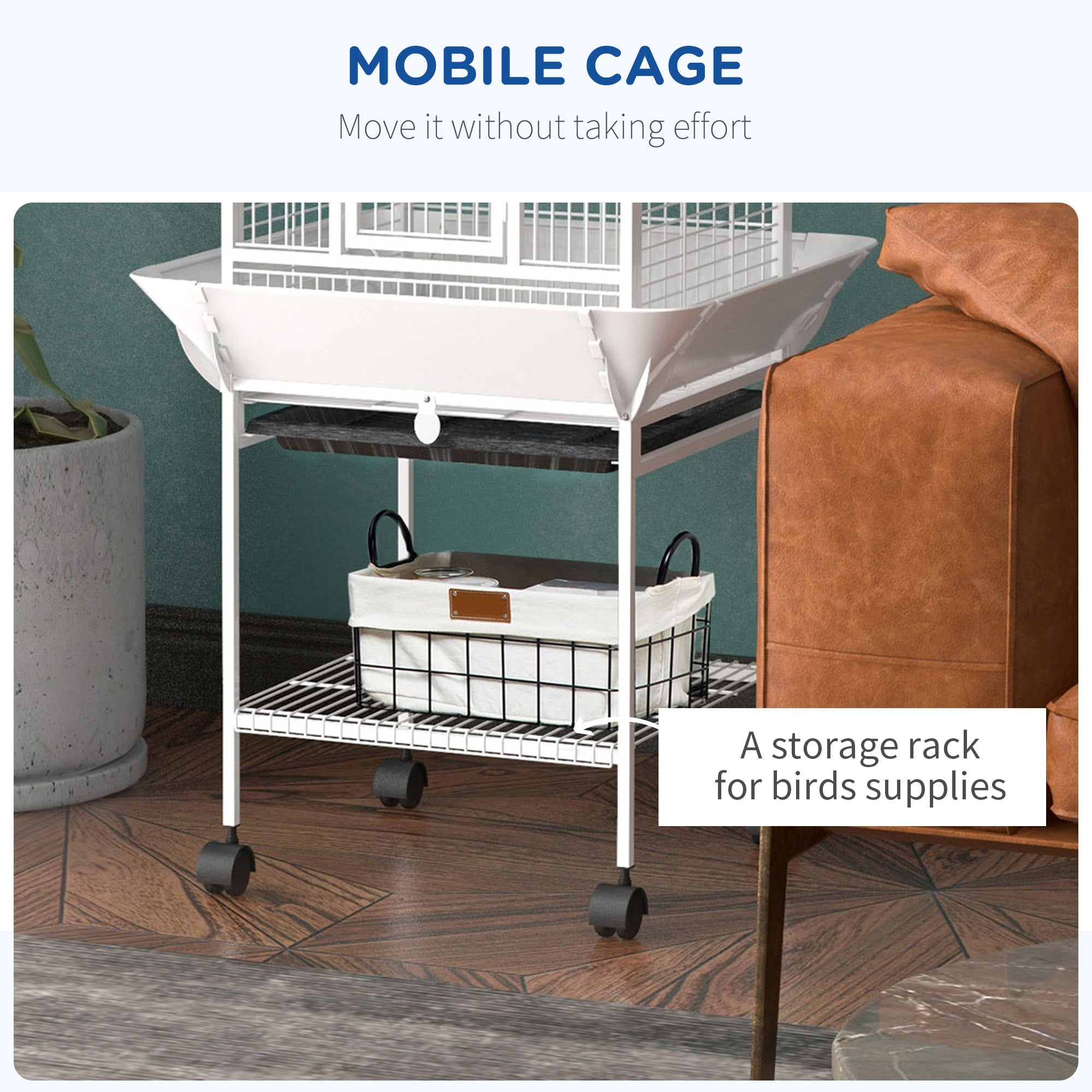 PawHut 61.5 Inch Bird Cage Parakeet House for Cockatiel with Stand, Pull Out Tray, Play Top, Storage Shelf, Wood Perch, Food Container, White