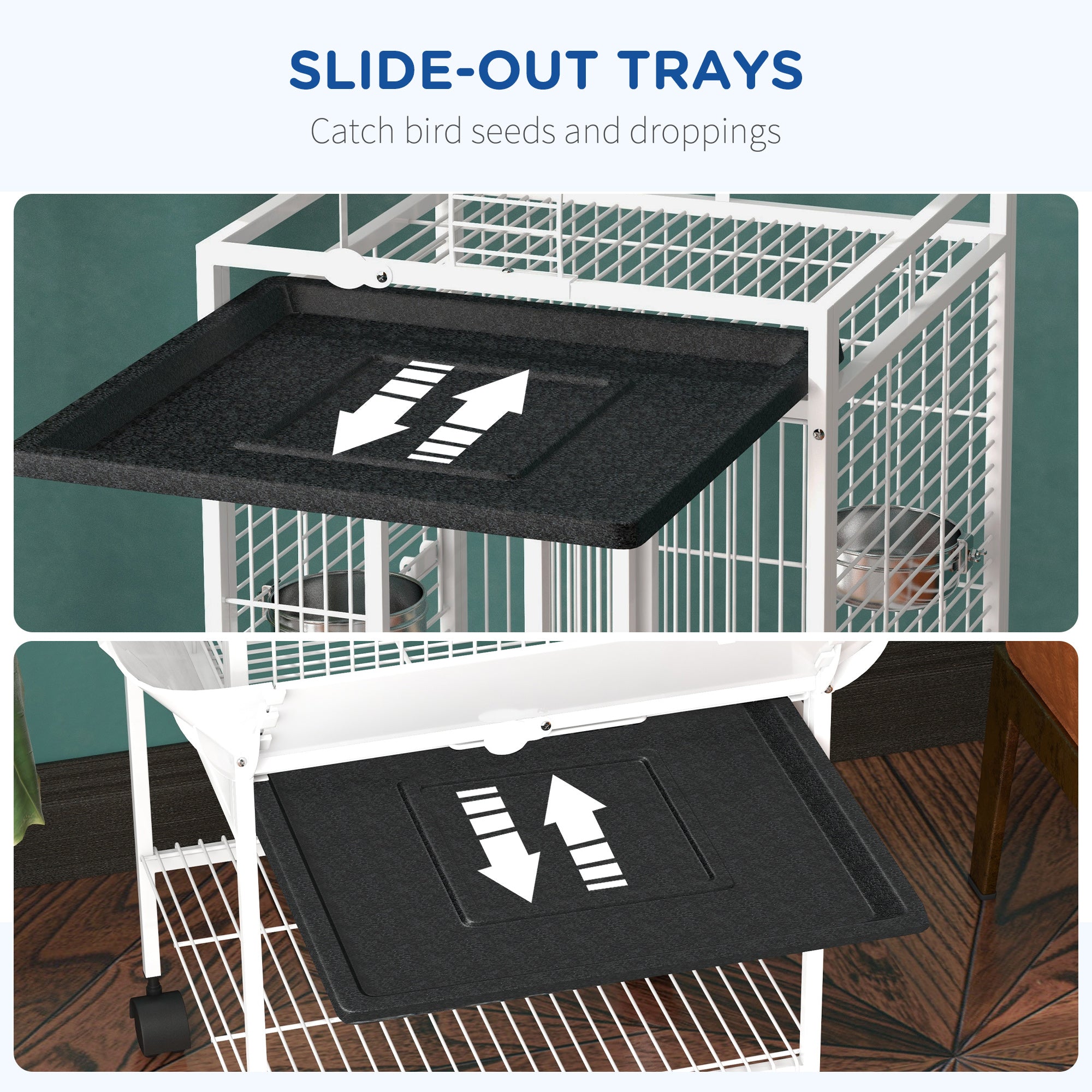 PawHut 61.5 Inch Bird Cage Parakeet House for Cockatiel with Stand, Pull Out Tray, Play Top, Storage Shelf, Wood Perch, Food Container, White