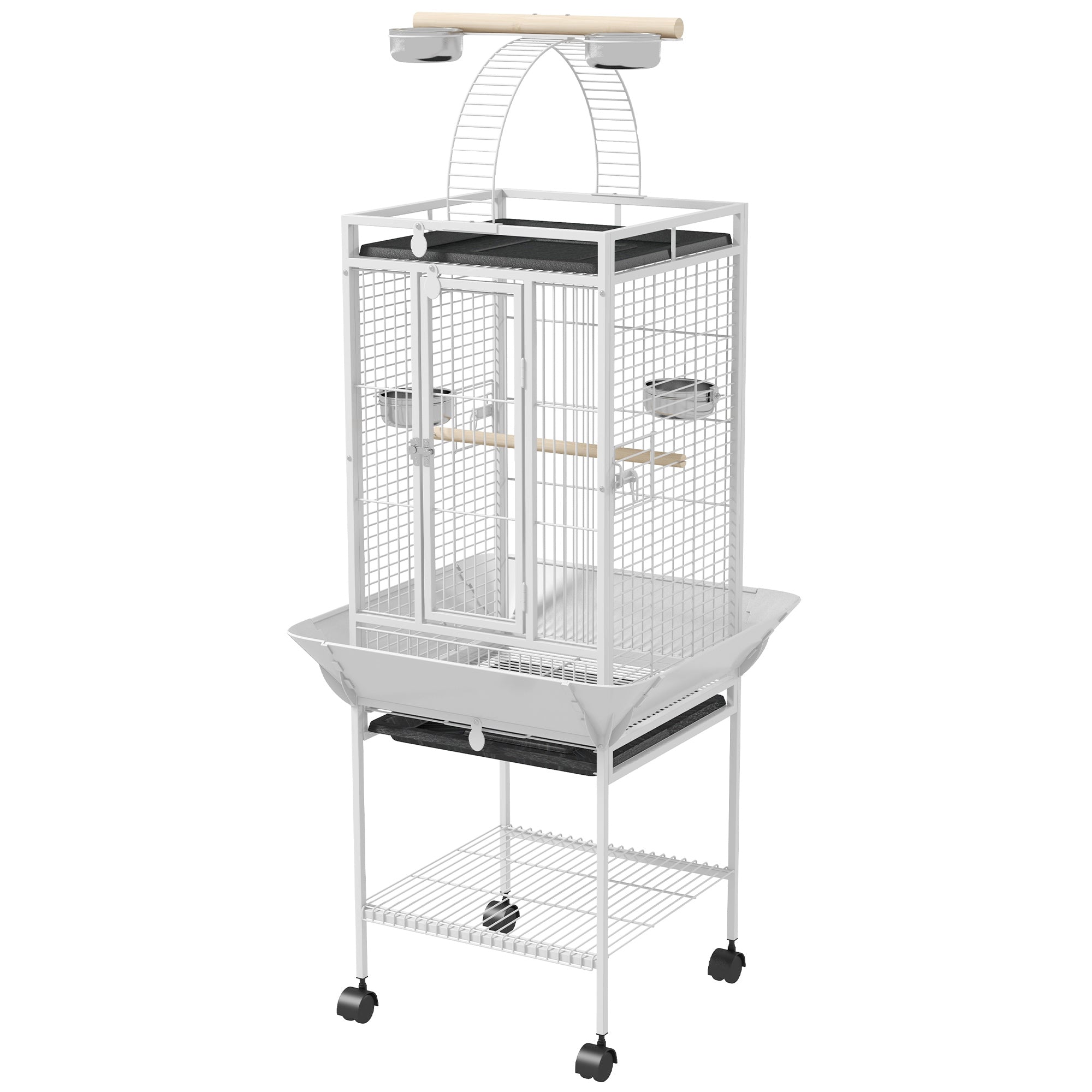 PawHut 61.5 Inch Bird Cage Parakeet House for Cockatiel with Stand, Pull Out Tray, Play Top, Storage Shelf, Wood Perch, Food Container, White
