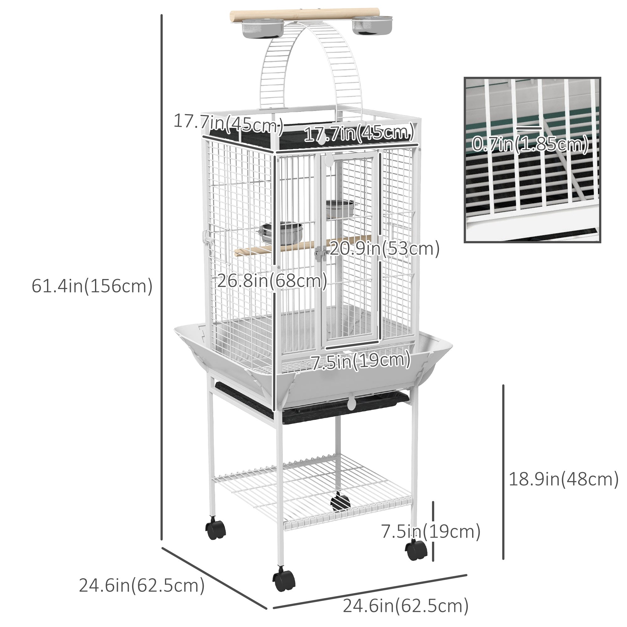 PawHut 61.5 Inch Bird Cage Parakeet House for Cockatiel with Stand, Pull Out Tray, Play Top, Storage Shelf, Wood Perch, Food Container, White