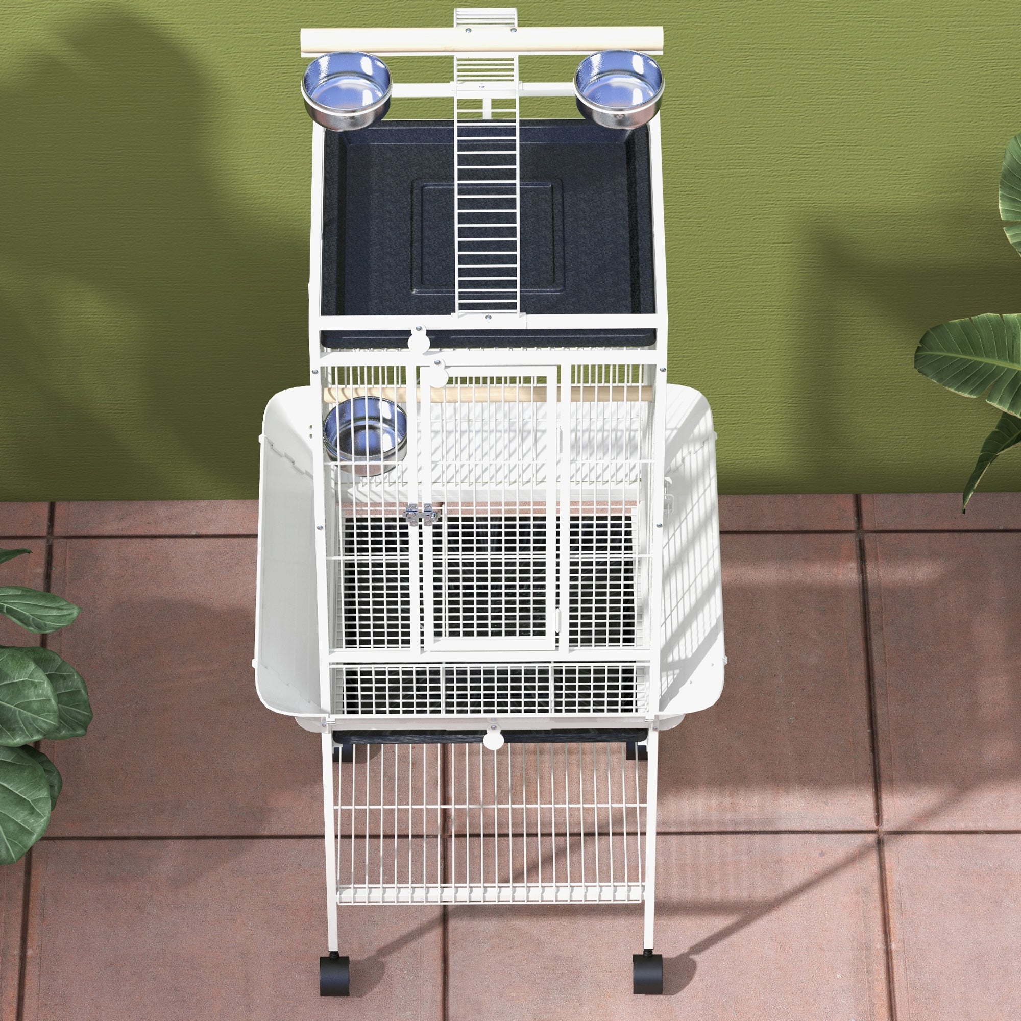 PawHut 61.5 Inch Bird Cage Parakeet House for Cockatiel with Stand, Pull Out Tray, Play Top, Storage Shelf, Wood Perch, Food Container, White