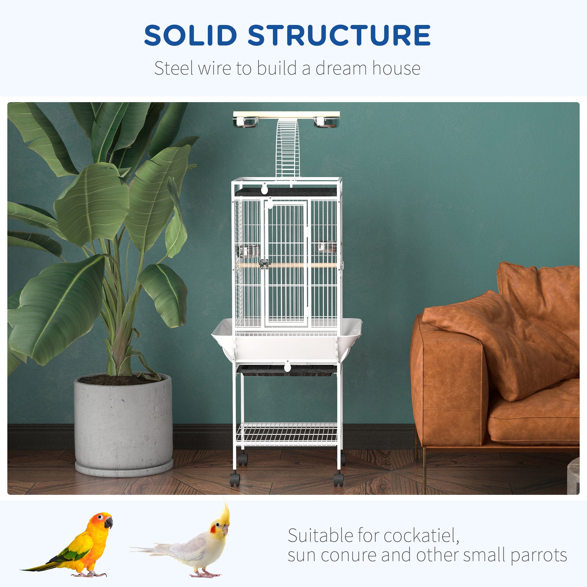 PawHut 61.5 Inch Bird Cage Parakeet House for Cockatiel with Stand, Pull Out Tray, Play Top, Storage Shelf, Wood Perch, Food Container, White