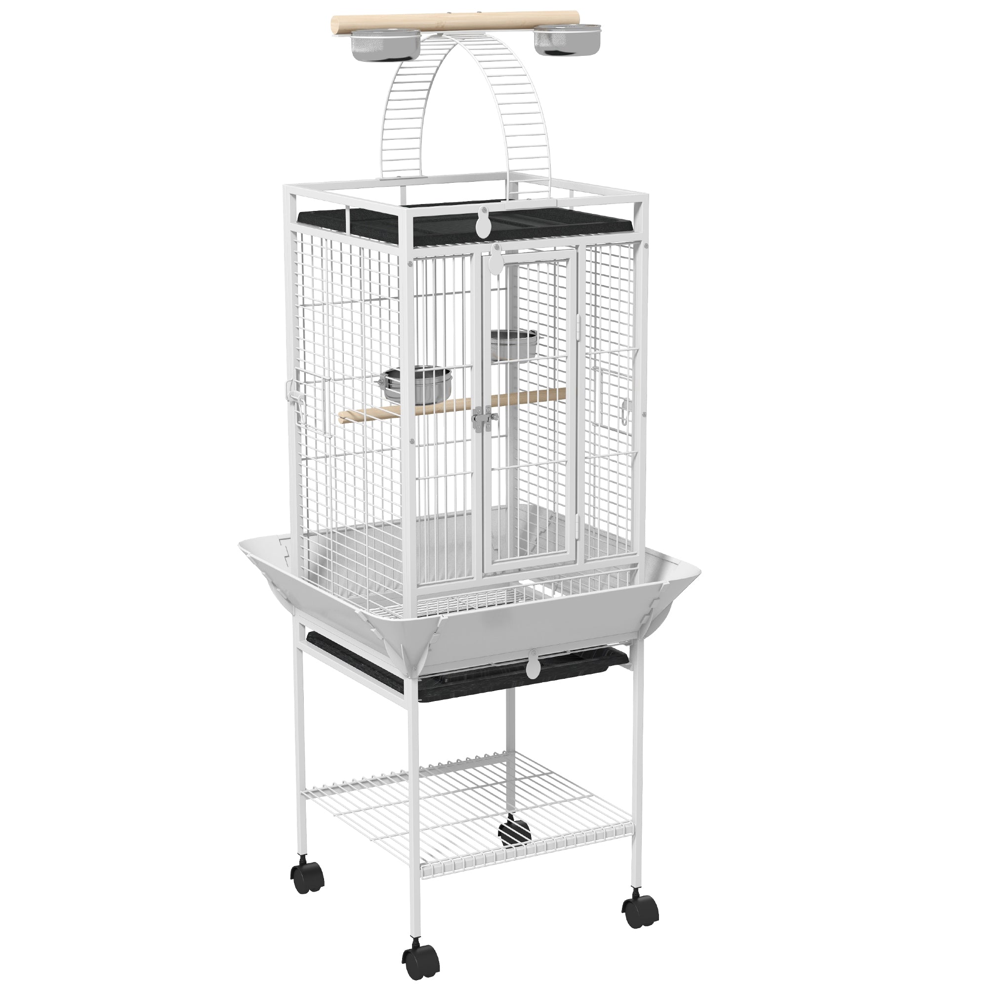 PawHut 61.5 Inch Bird Cage Parakeet House for Cockatiel with Stand, Pull Out Tray, Play Top, Storage Shelf, Wood Perch, Food Container, White