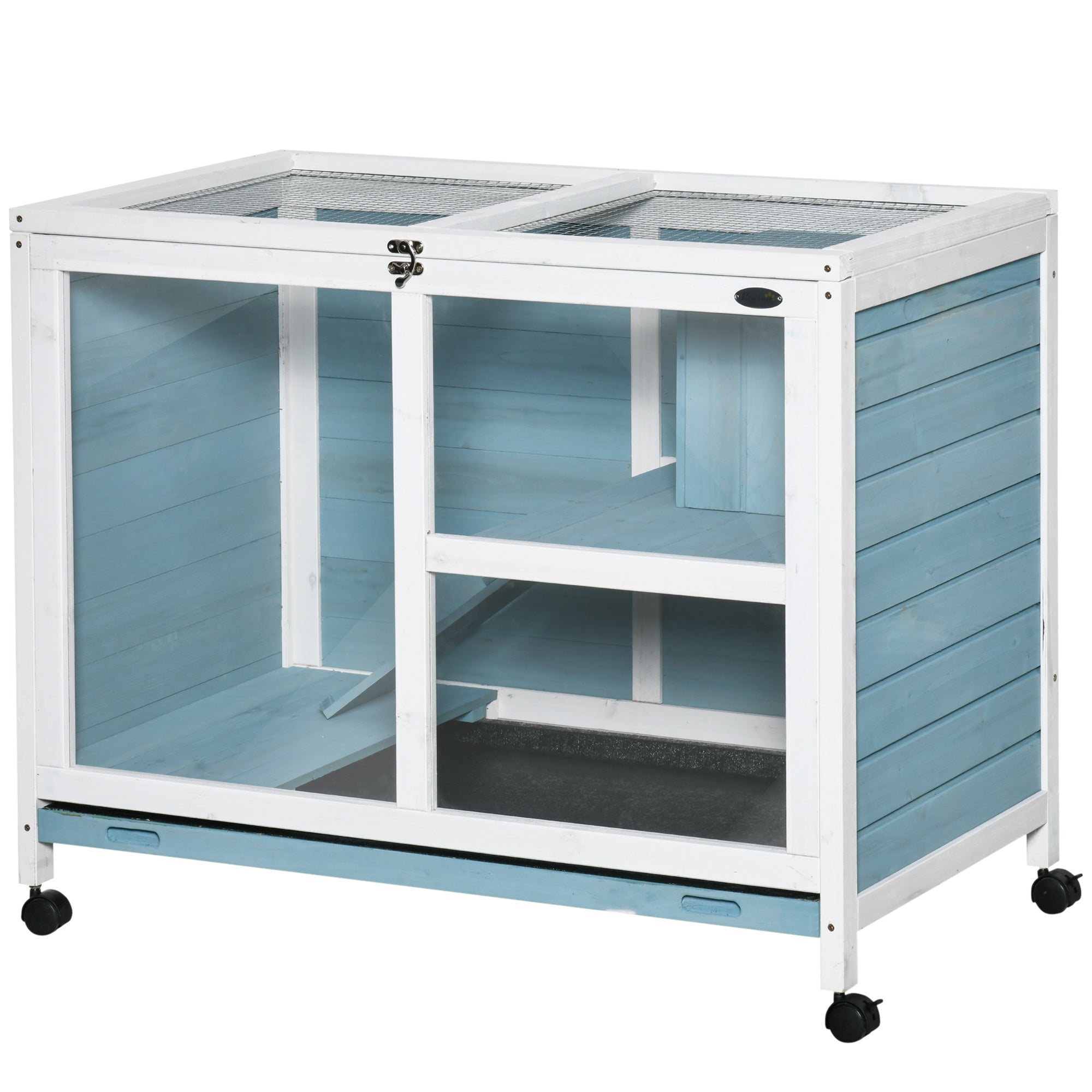 PawHut Indoor Rabbit Hutch with Wheels, Bunny Cage Guinea Pig House Small Animals Habitat W/ Top Access, Ramp, Pull Out Tray, Blue