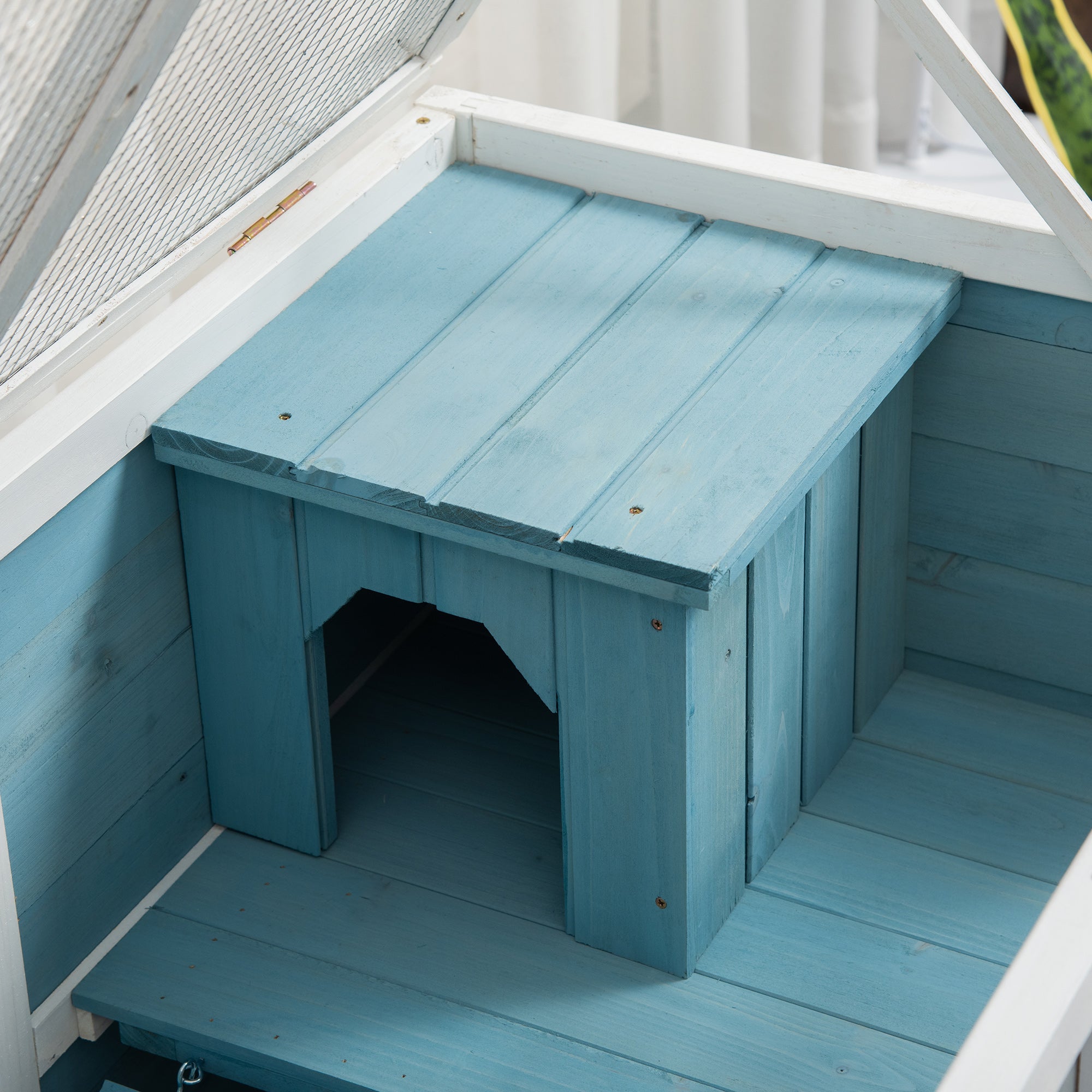 PawHut Indoor Rabbit Hutch with Wheels, Bunny Cage Guinea Pig House Small Animals Habitat W/ Top Access, Ramp, Pull Out Tray, Blue