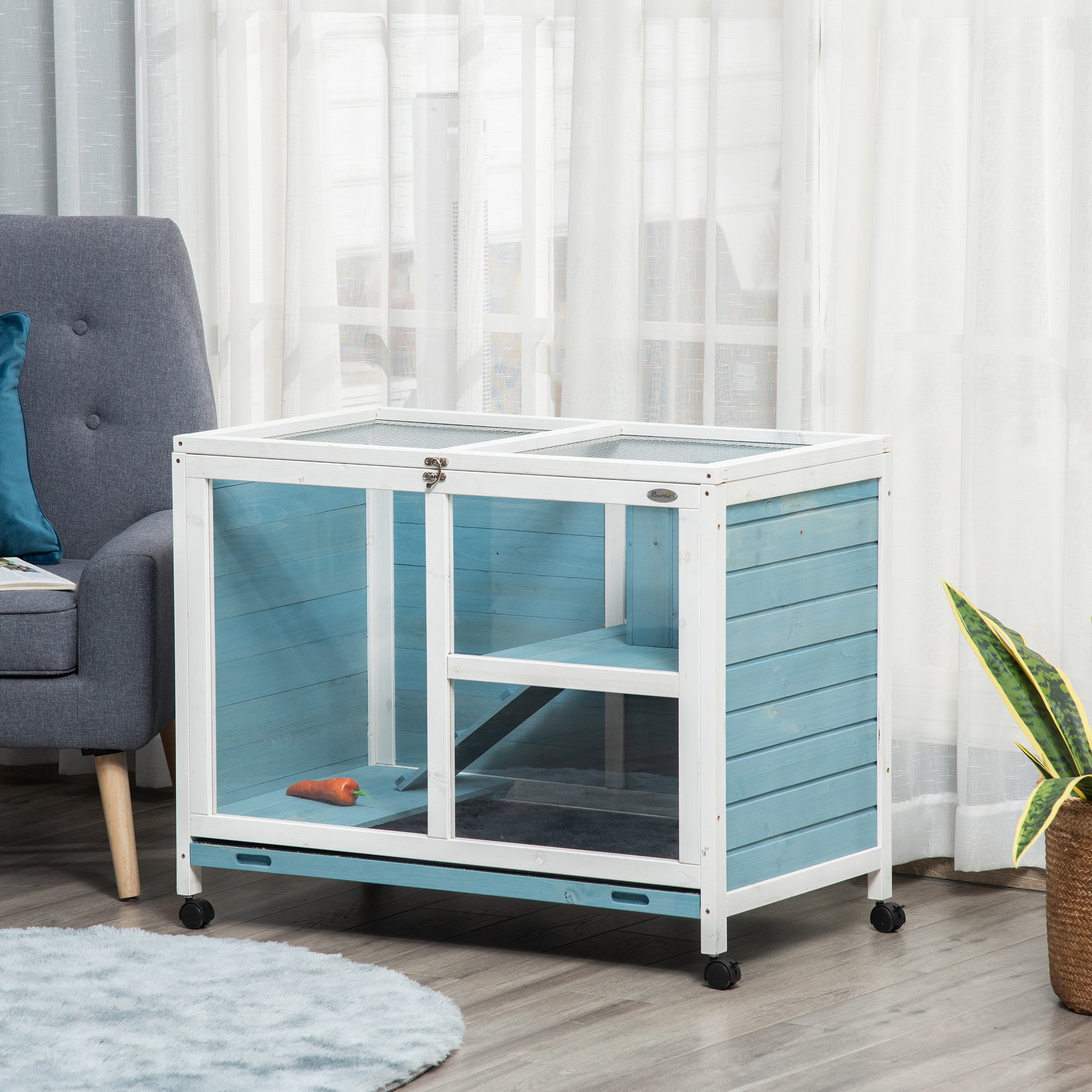 PawHut Indoor Rabbit Hutch with Wheels, Bunny Cage Guinea Pig House Small Animals Habitat W/ Top Access, Ramp, Pull Out Tray, Blue